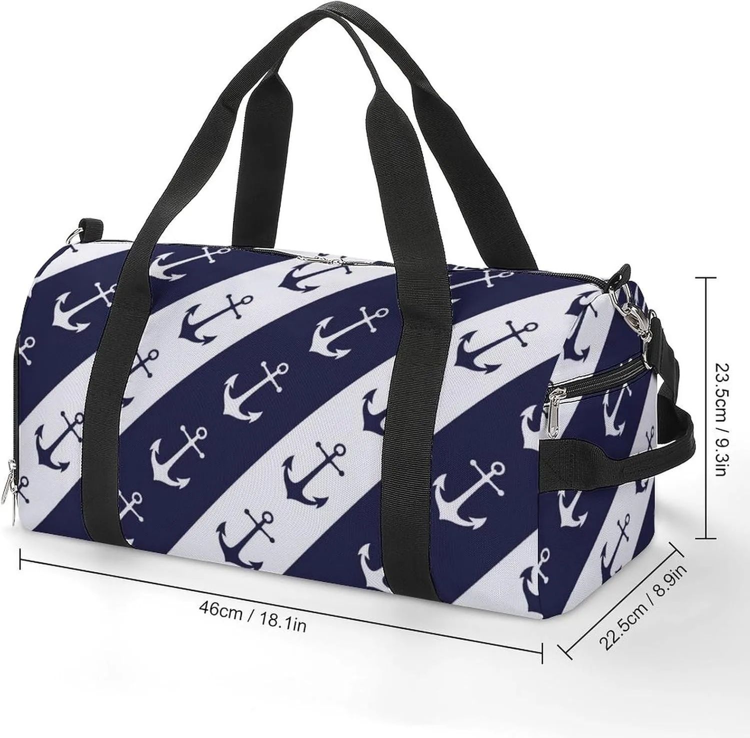 Gym Duffel Bag with Shoe Compartment Wet Pocket, Anchors White Blue Striped Travel Bag for Men Women