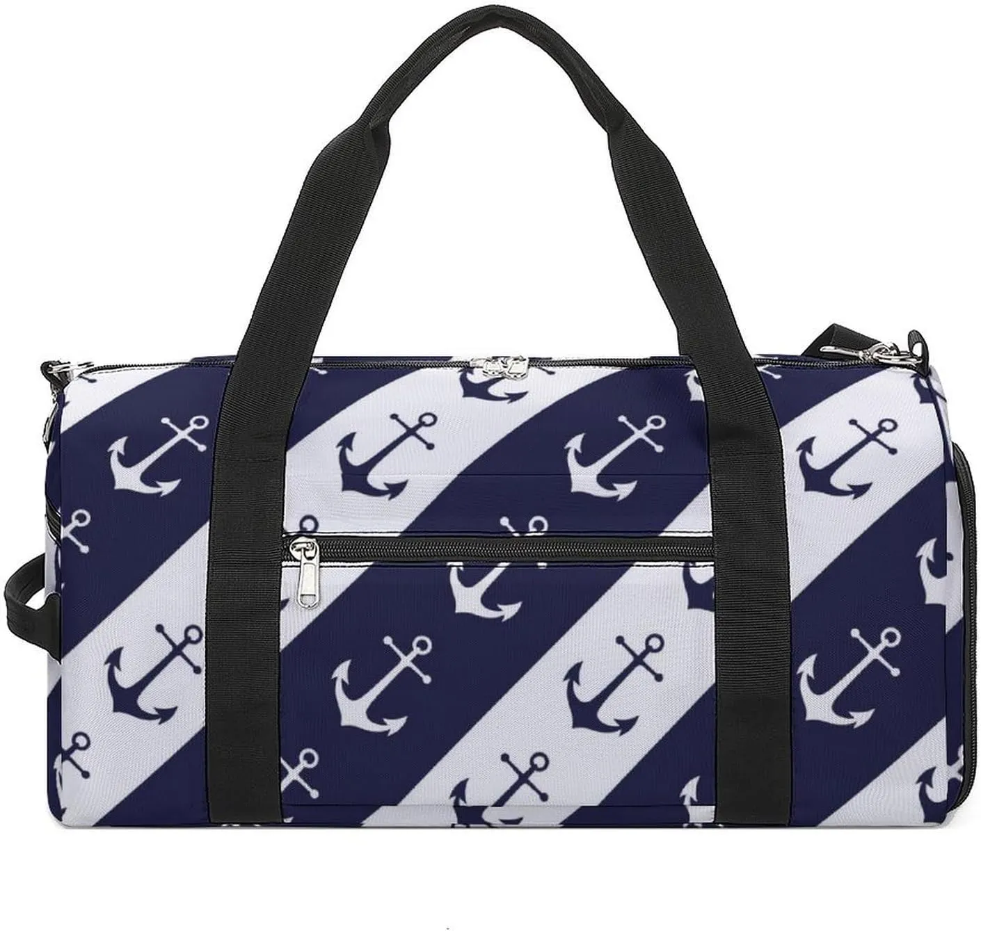 Gym Duffel Bag with Shoe Compartment Wet Pocket, Anchors White Blue Striped Travel Bag for Men Women