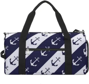 Gym Duffel Bag with Shoe Compartment Wet Pocket, Anchors White Blue Striped Travel Bag for Men Women