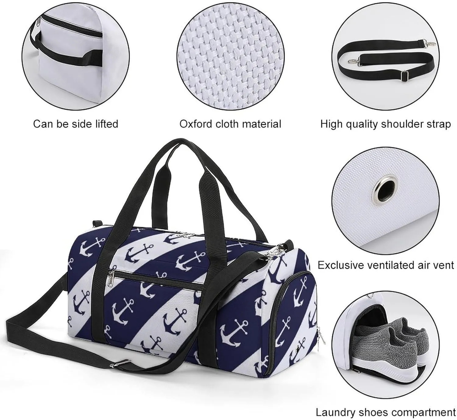 Gym Duffel Bag with Shoe Compartment Wet Pocket, Anchors White Blue Striped Travel Bag for Men Women