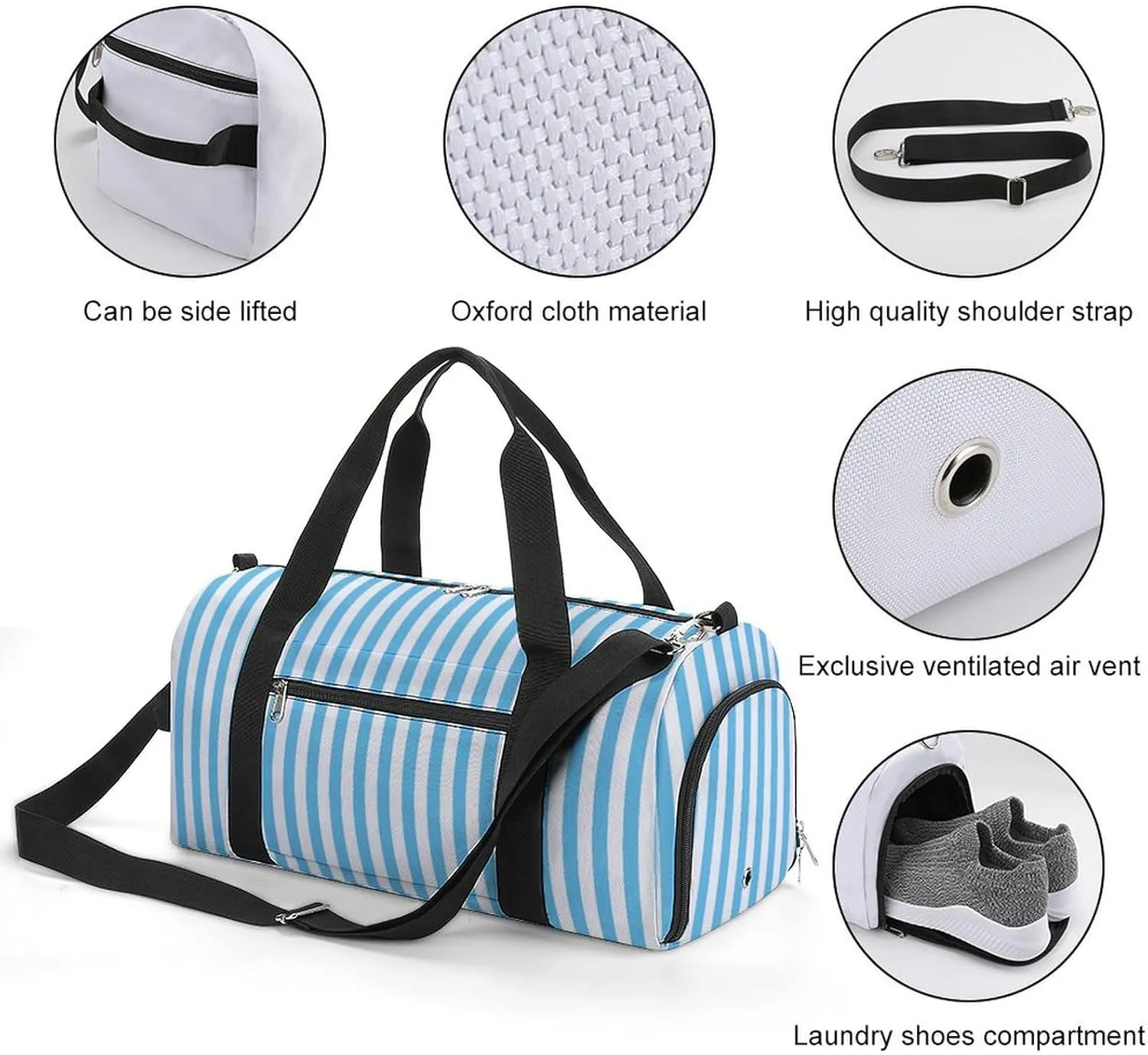 Gym Duffel Bag with Shoe Compartment Wet Pocket, Blue White Striped Travel Bag for Men Women