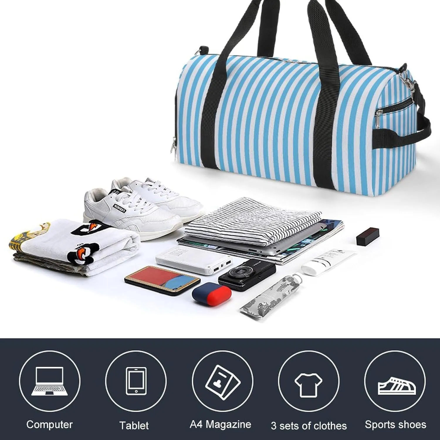 Gym Duffel Bag with Shoe Compartment Wet Pocket, Blue White Striped Travel Bag for Men Women