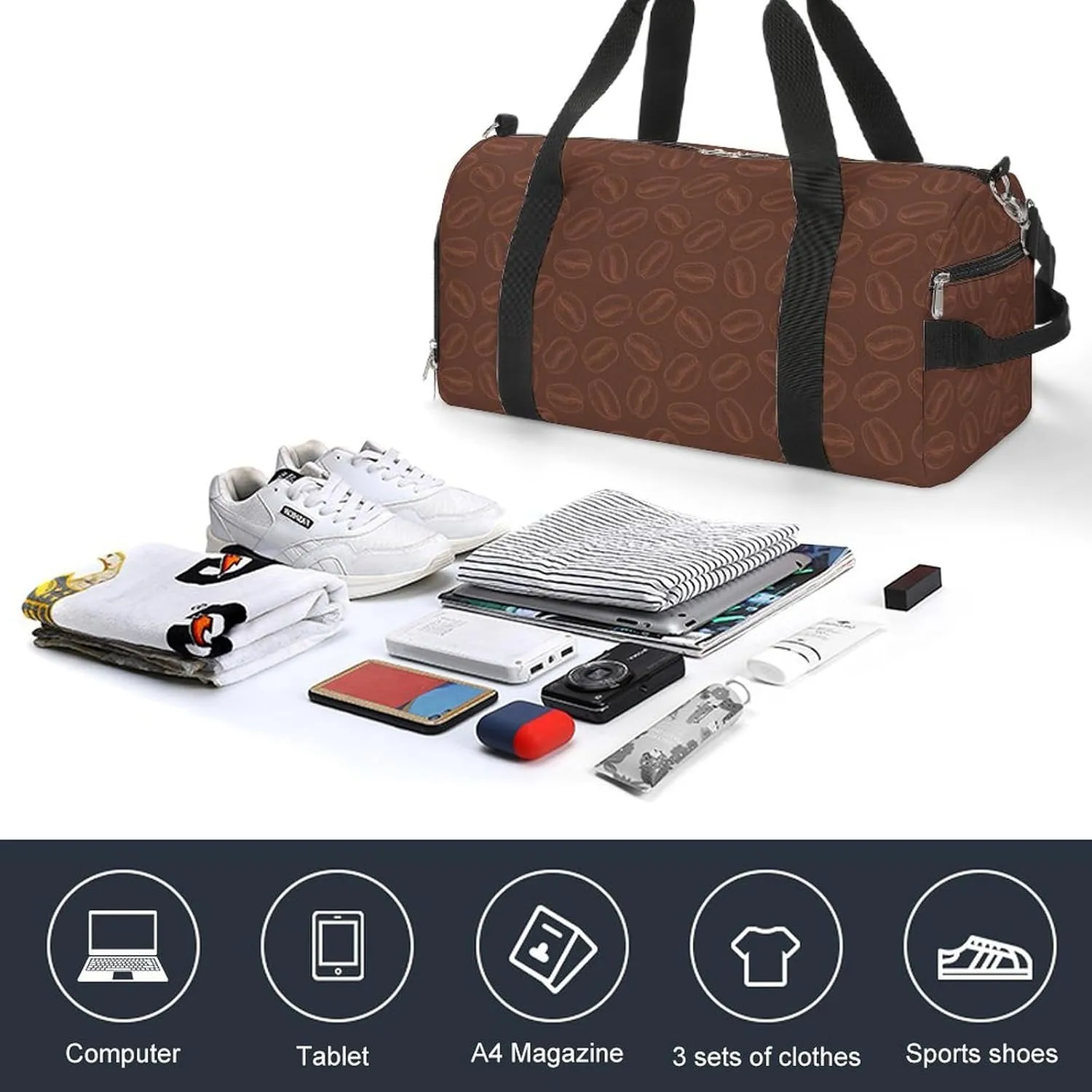 Gym Duffel Bag with Shoe Compartment Wet Pocket, Coffee Beans Doodle Travel Bag for Men Women