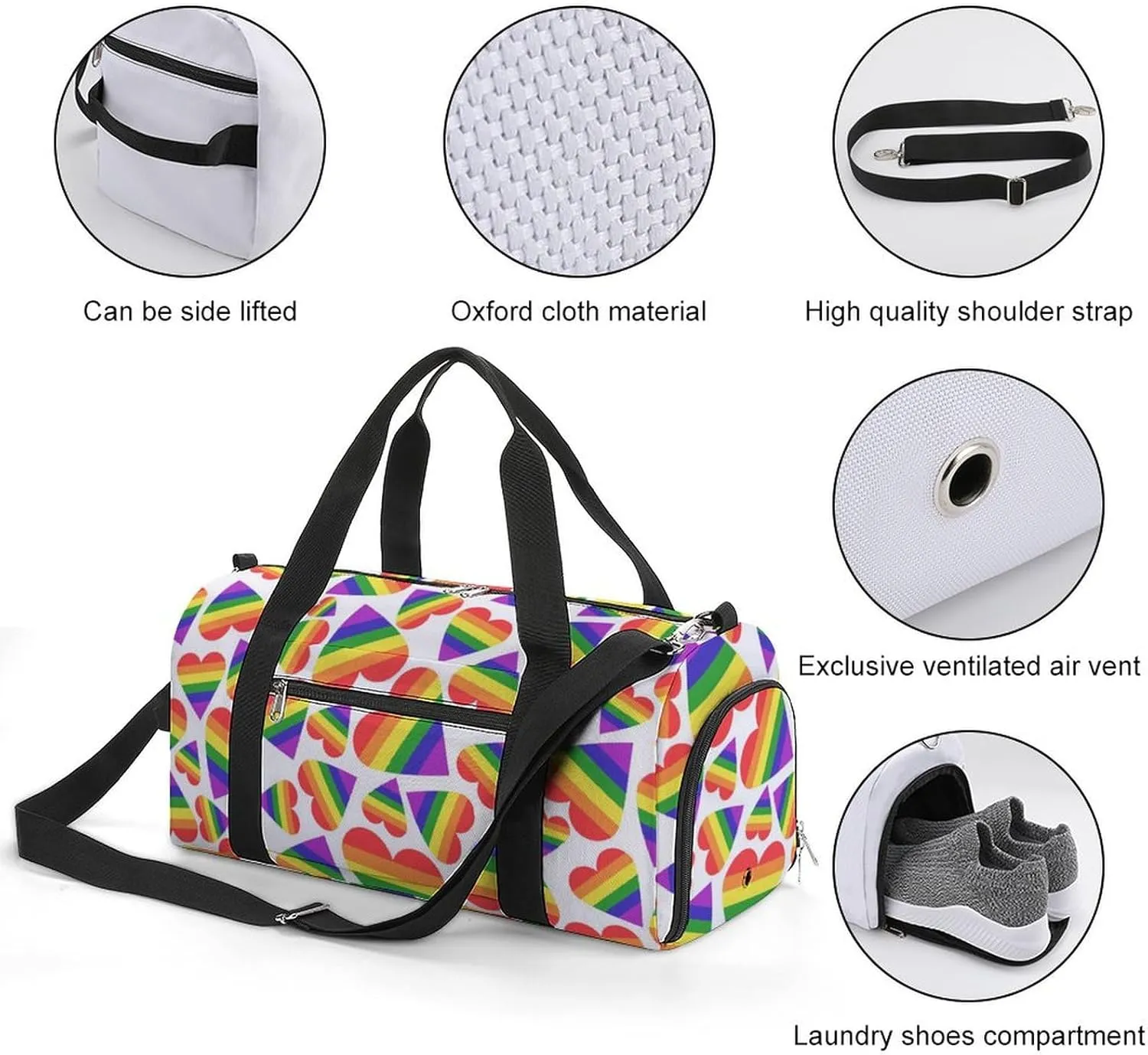 Gym Duffel Bag with Shoe Compartment Wet Pocket, Doodles Rainbow Travel Bag for Men Women