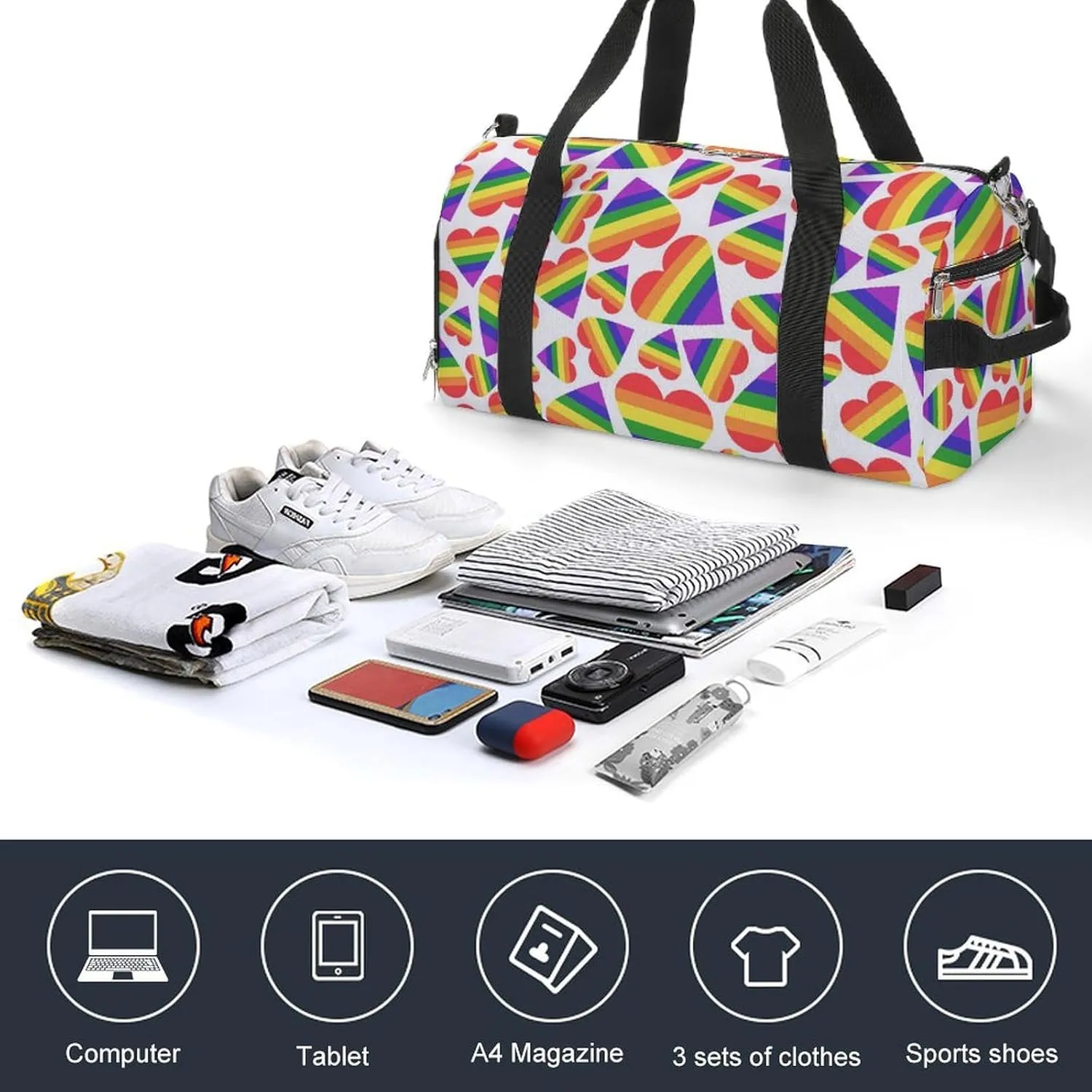 Gym Duffel Bag with Shoe Compartment Wet Pocket, Doodles Rainbow Travel Bag for Men Women