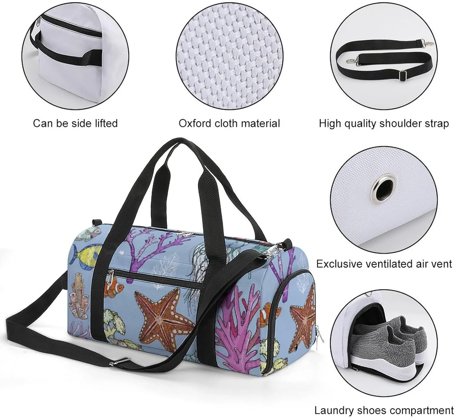 Gym Duffel Bag with Shoe Compartment Wet Pocket, Fish Cute Travel Bag for Men Women