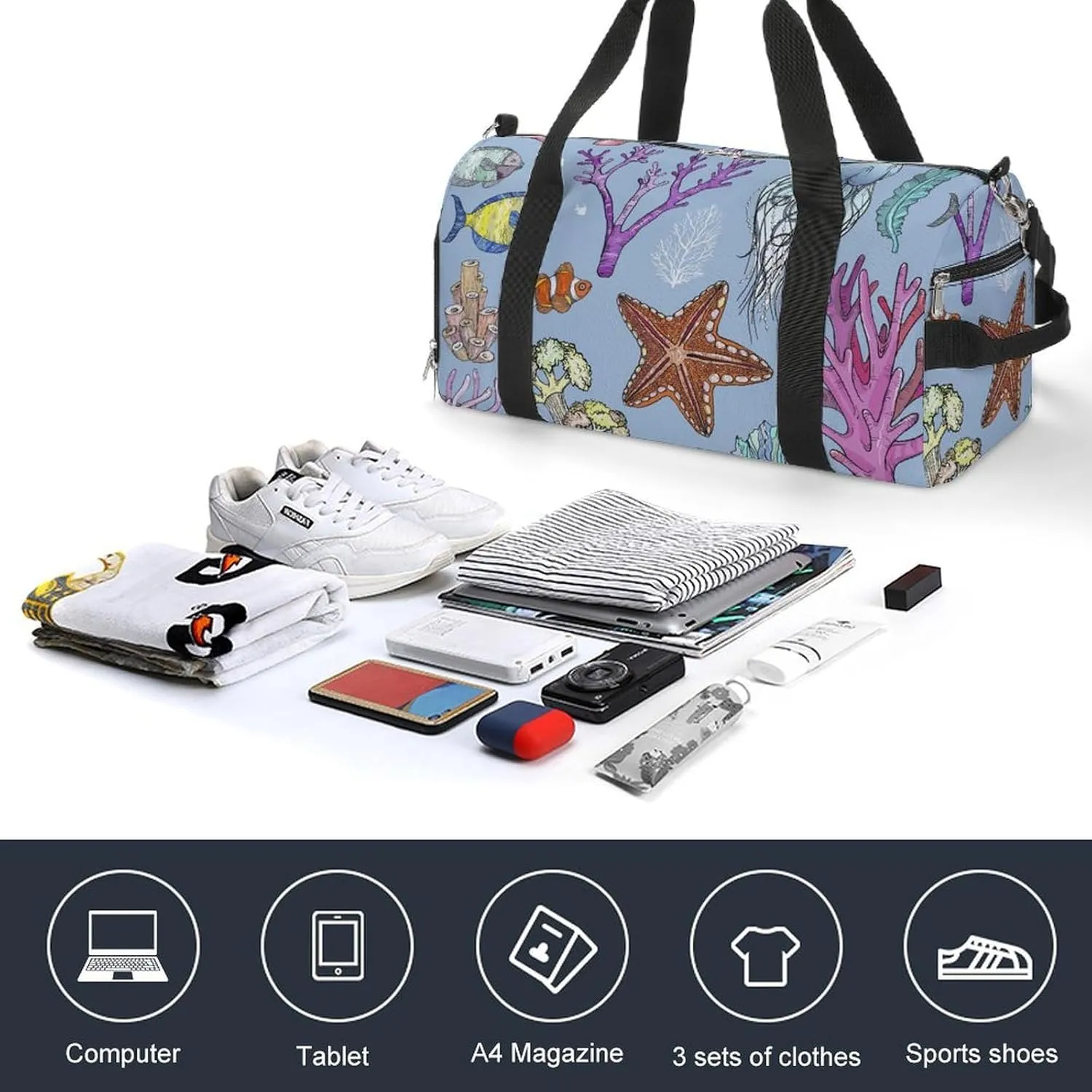 Gym Duffel Bag with Shoe Compartment Wet Pocket, Fish Cute Travel Bag for Men Women