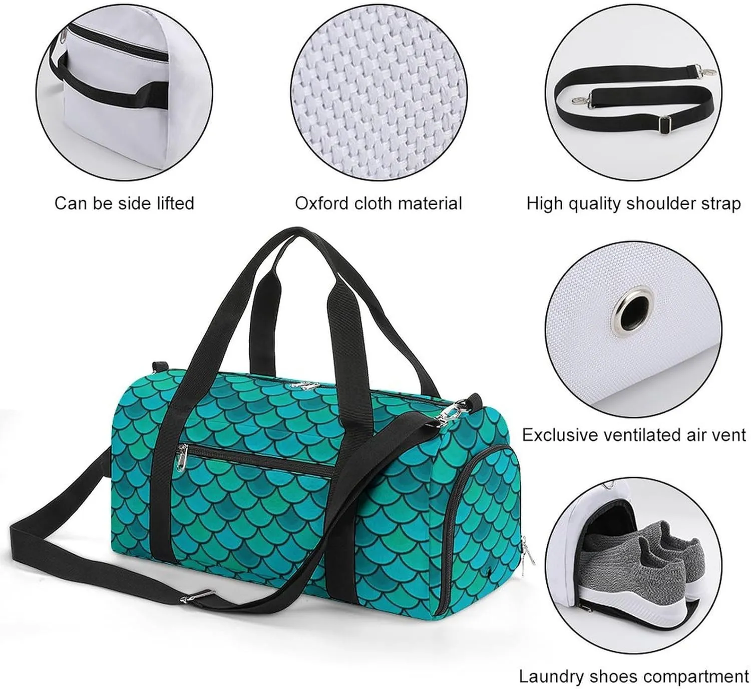 Gym Duffel Bag with Shoe Compartment Wet Pocket, Fish Scales Blue Pattern Travel Bag for Men Women, style-2