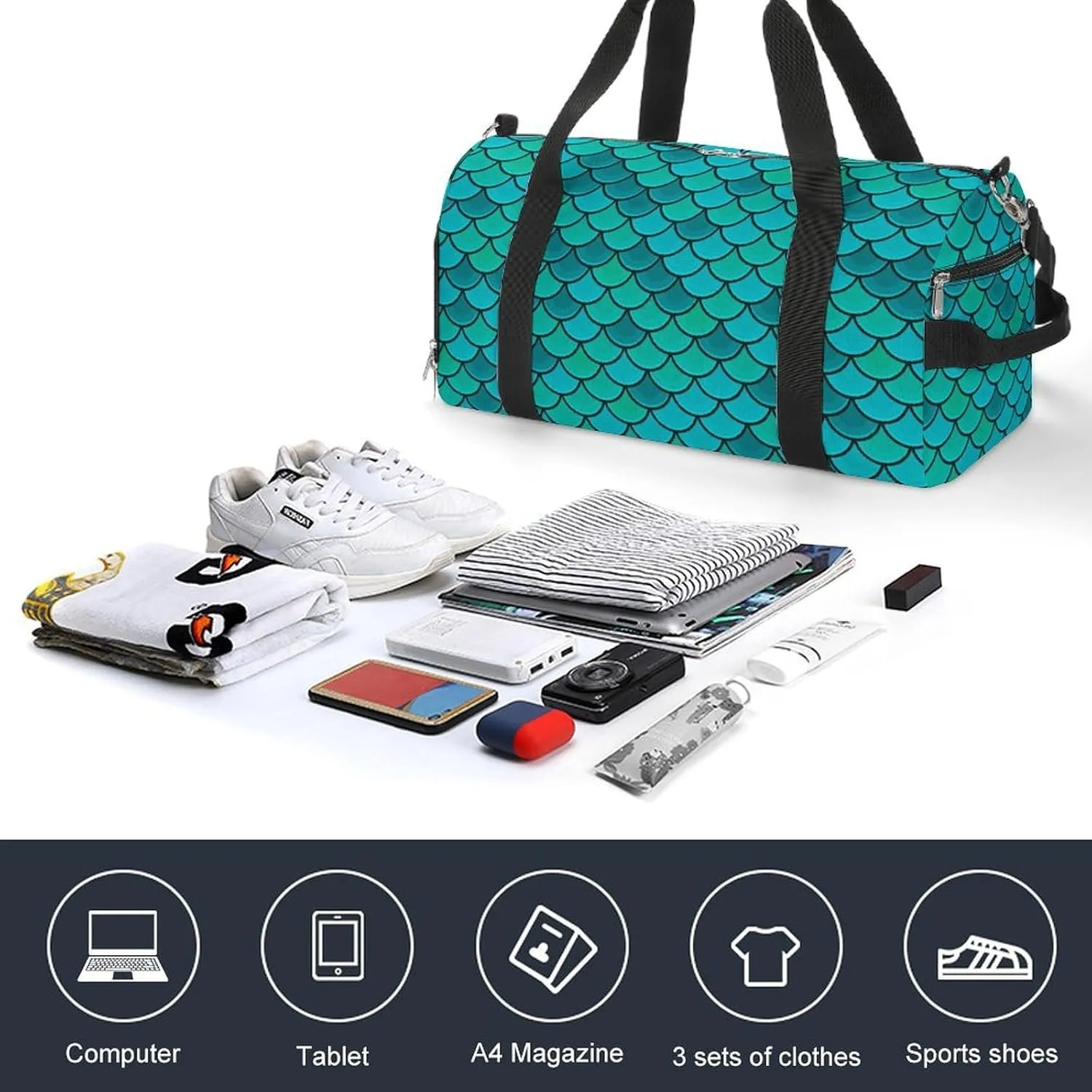 Gym Duffel Bag with Shoe Compartment Wet Pocket, Fish Scales Blue Pattern Travel Bag for Men Women, style-2