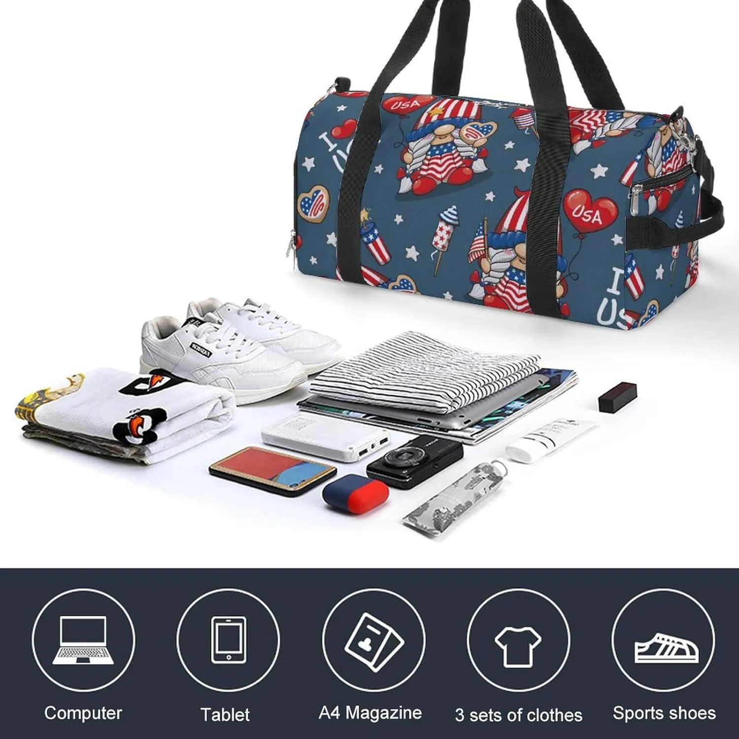 Gym Duffel Bag with Shoe Compartment Wet Pocket, Gnome I Love Usa Travel Bag for Men Women