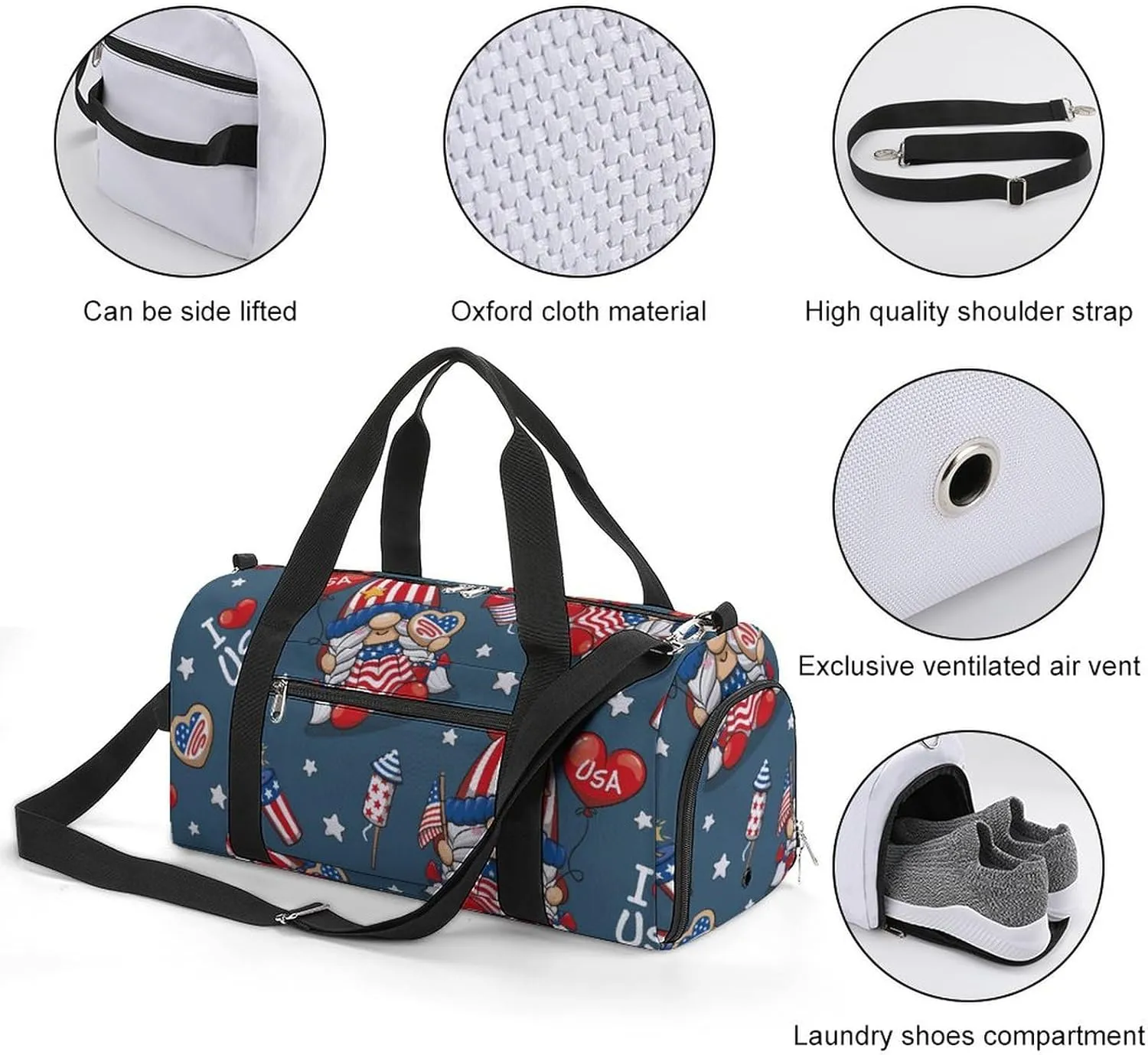 Gym Duffel Bag with Shoe Compartment Wet Pocket, Gnome I Love Usa Travel Bag for Men Women