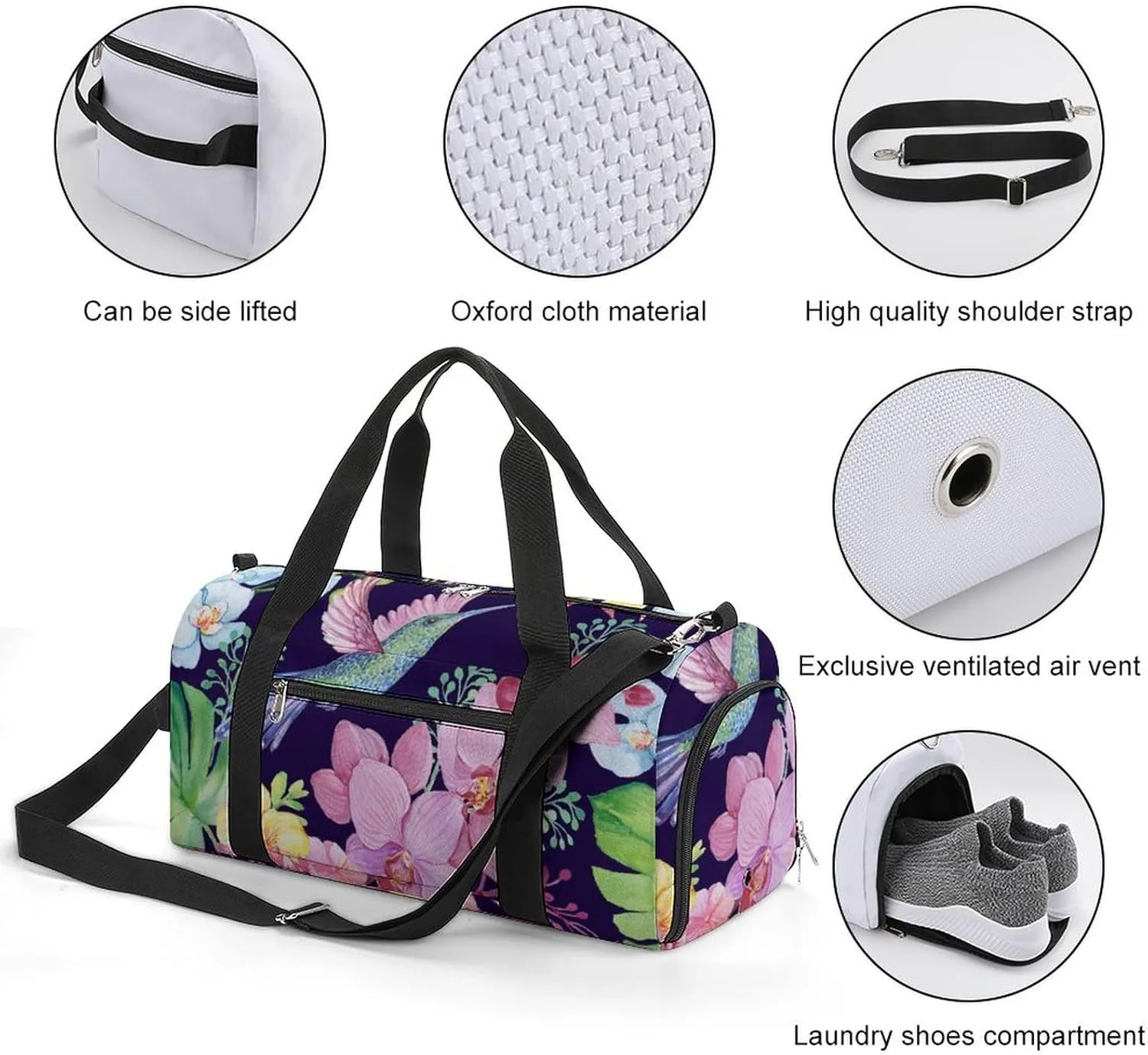 Gym Duffel Bag with Shoe Compartment Wet Pocket, Hummingbirds And Orchids Pattern Travel Bag for Men Women
