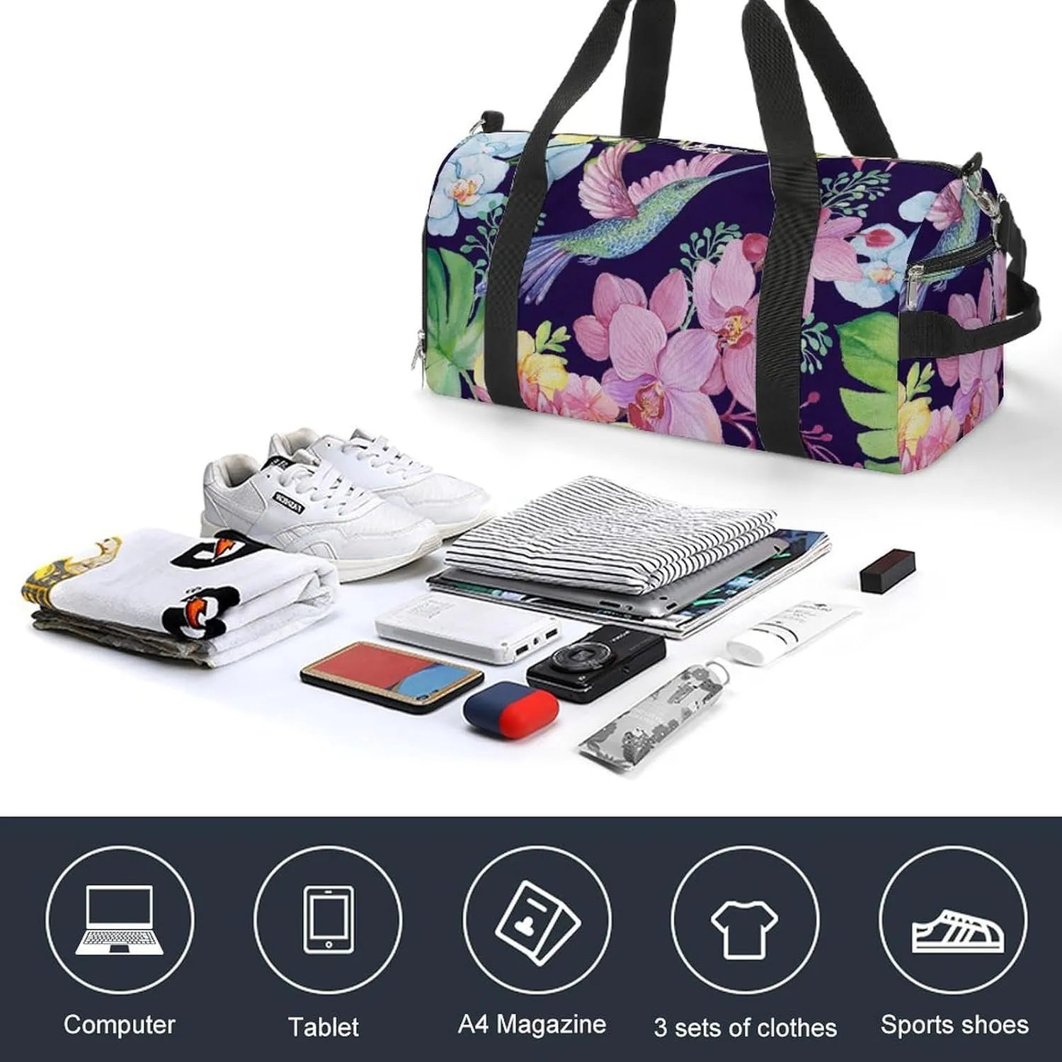 Gym Duffel Bag with Shoe Compartment Wet Pocket, Hummingbirds And Orchids Pattern Travel Bag for Men Women