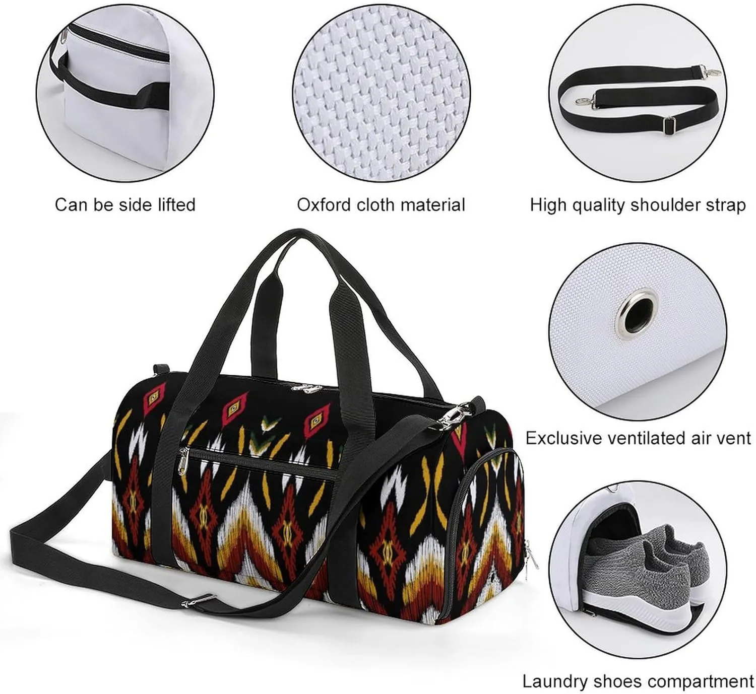 Gym Duffel Bag with Shoe Compartment Wet Pocket, Ikat Paisley Brown Travel Bag for Men Women