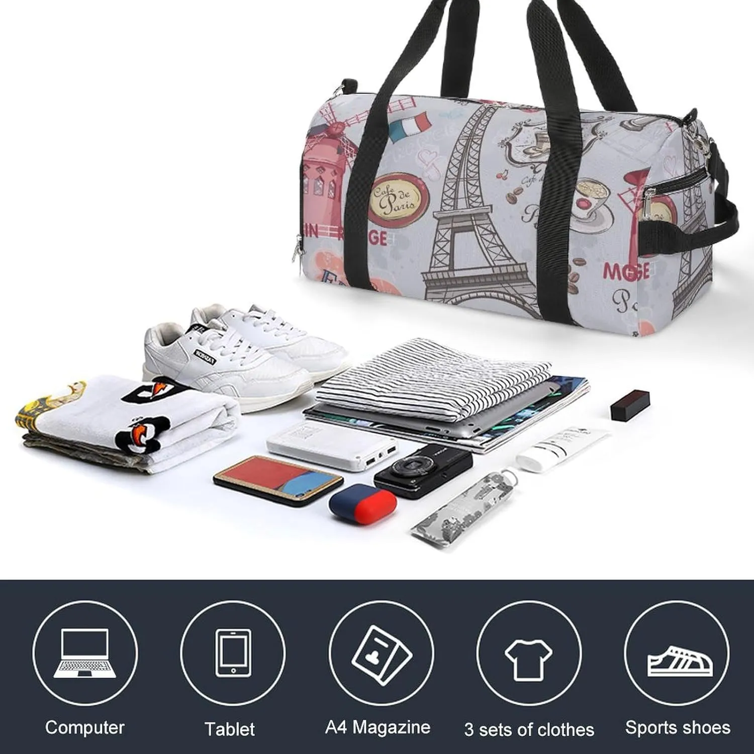 Gym Duffel Bag with Shoe Compartment Wet Pocket, Paris Tower Print Travel Bag for Men Women, style-1