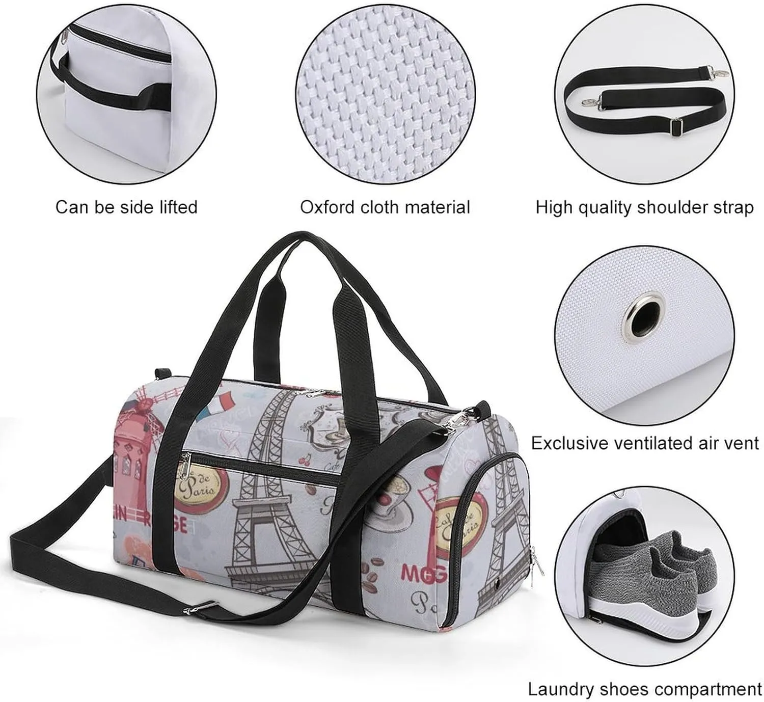 Gym Duffel Bag with Shoe Compartment Wet Pocket, Paris Tower Print Travel Bag for Men Women, style-1