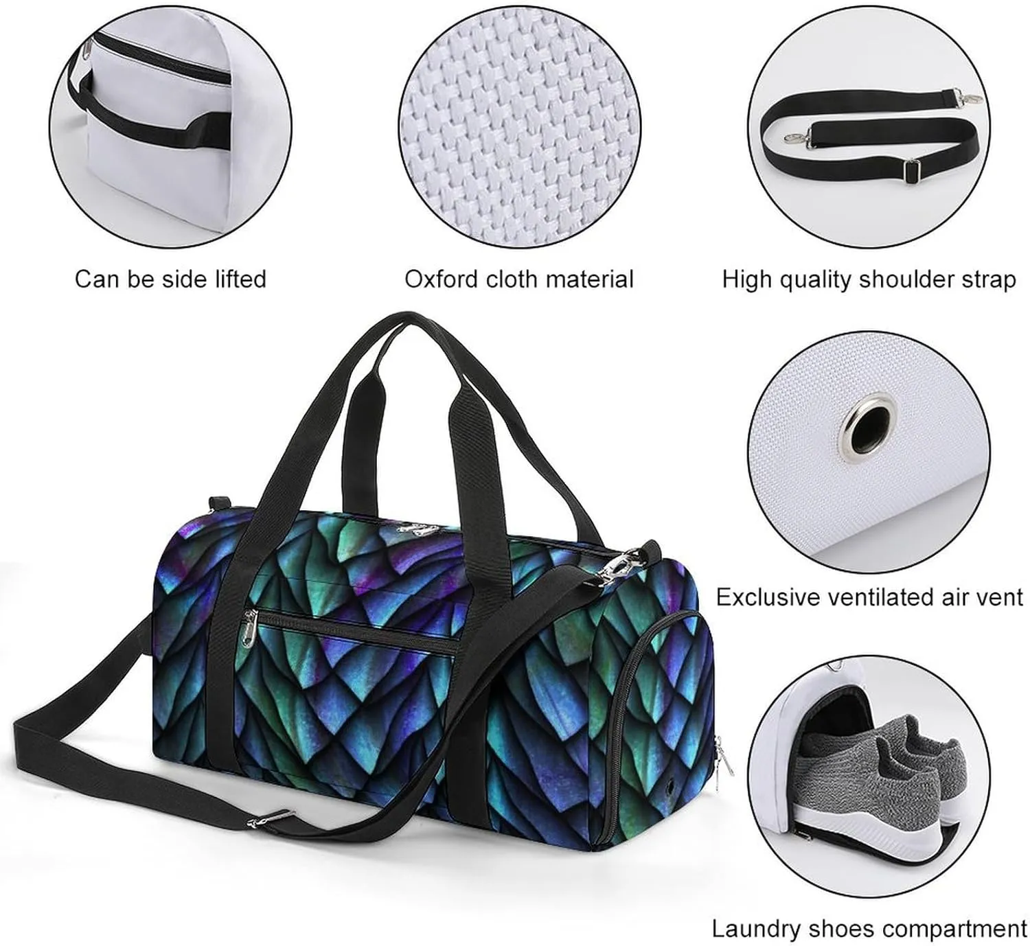 Gym Duffel Bag with Shoe Compartment Wet Pocket, Scales Pattern Travel Bag for Men Women