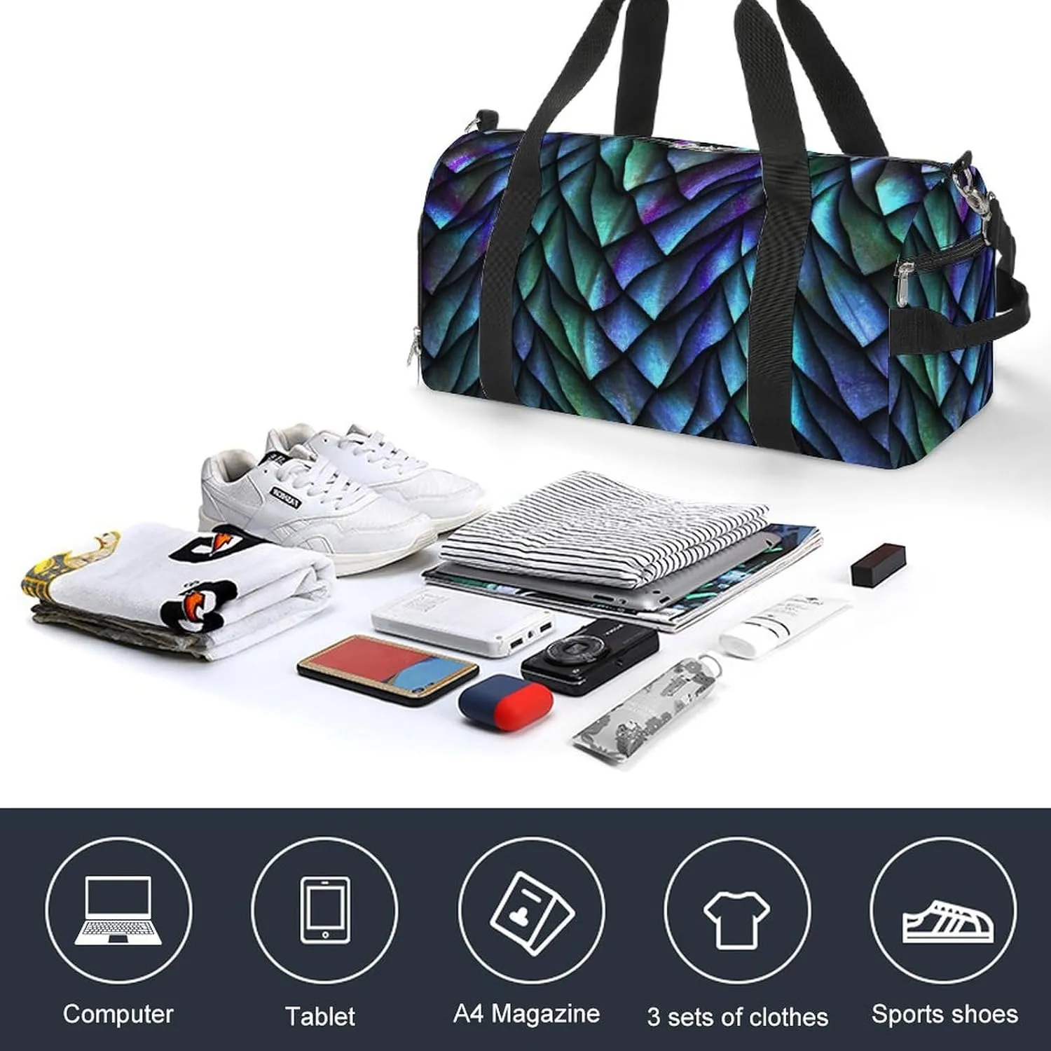 Gym Duffel Bag with Shoe Compartment Wet Pocket, Scales Pattern Travel Bag for Men Women