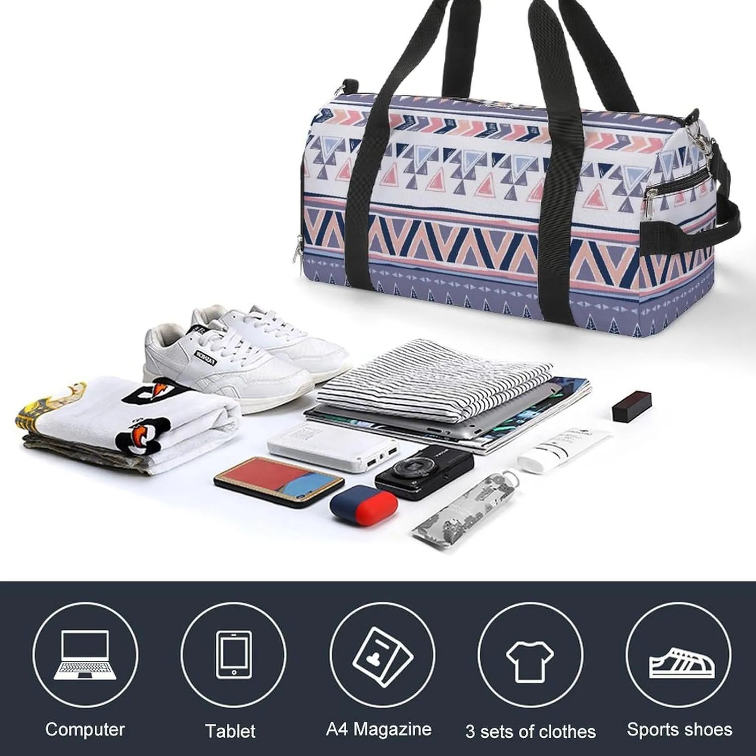 Gym Duffel Bag with Shoe Compartment Wet Pocket, Tribal Aztec Ethnic Travel Bag for Men Women