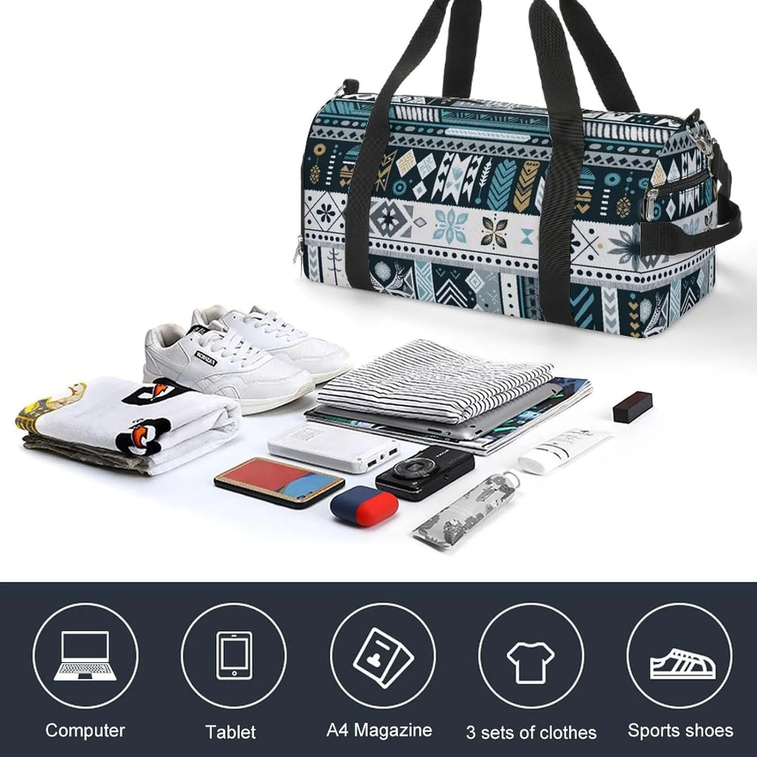 Gym Duffel Bag with Shoe Compartment Wet Pocket, Tribal Patterns Travel Bag for Men Women, style