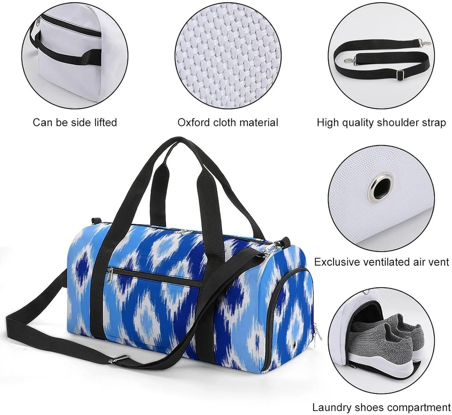 Gym Duffel Bag with Shoe Compartment Wet Pocket, Uzbek Print Blue White Travel Bag for Men Women