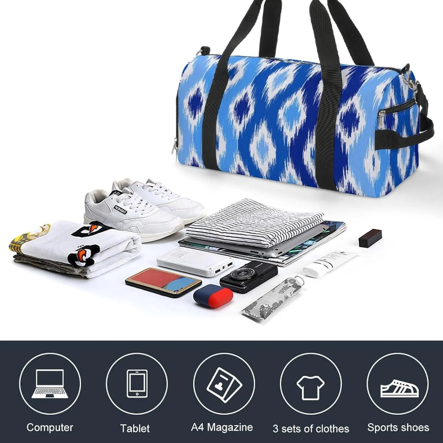 Gym Duffel Bag with Shoe Compartment Wet Pocket, Uzbek Print Blue White Travel Bag for Men Women