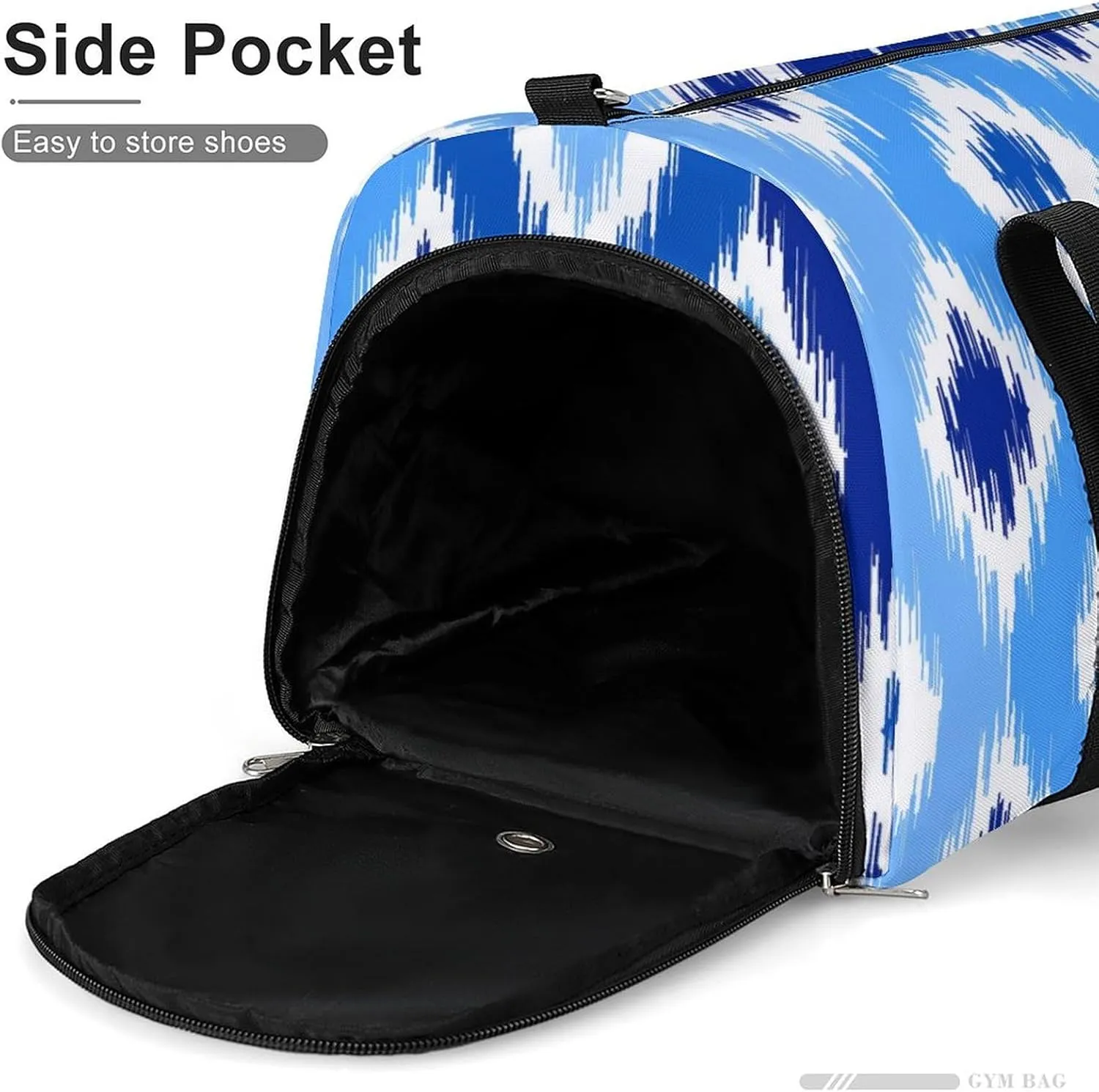 Gym Duffel Bag with Shoe Compartment Wet Pocket, Uzbek Print Blue White Travel Bag for Men Women