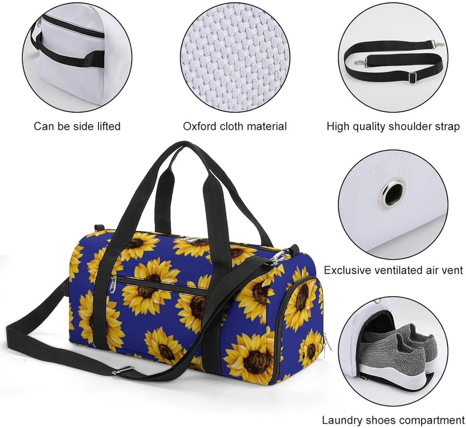 Gym Duffel Bag with Shoe Compartment Wet Pocket, Yellow Sunflowers in Purple Color Travel Bag for Men Women, style-3