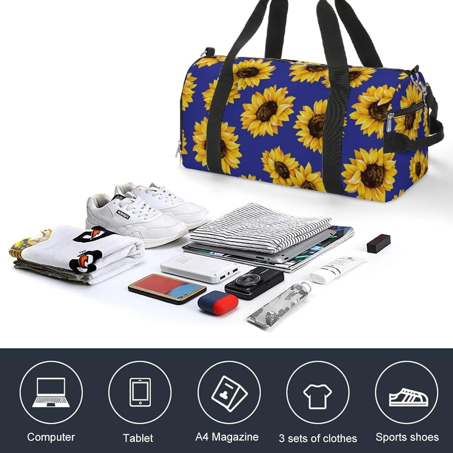 Gym Duffel Bag with Shoe Compartment Wet Pocket, Yellow Sunflowers in Purple Color Travel Bag for Men Women, style-3