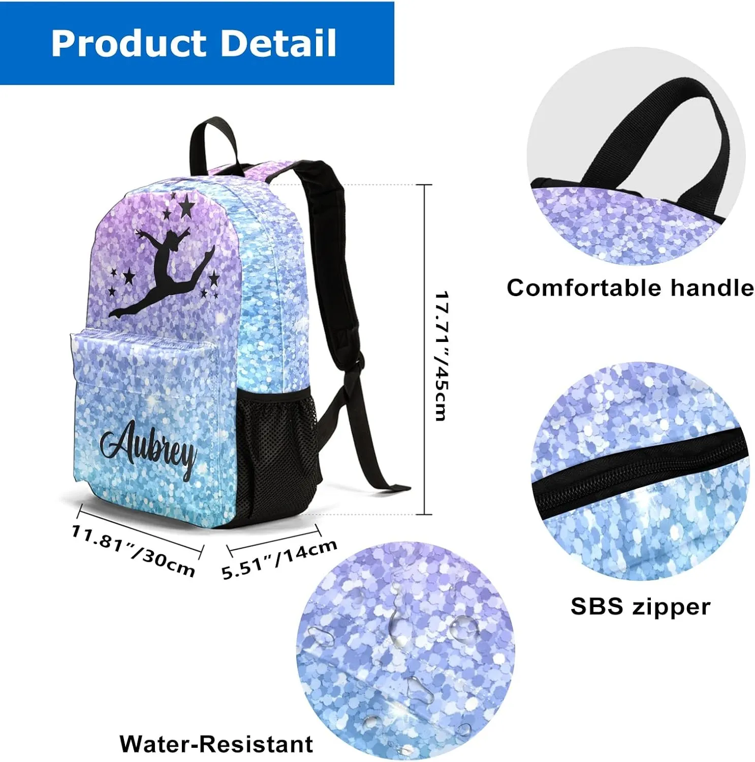 Gymnastic Pink Purple Sequins Personalized Backpack for Teen Boys Girls,Custom Travel Backpack Bookbag Casual Bag with Name Gift 11.81"(L) x 5.51"(W) x 17.71"(H)