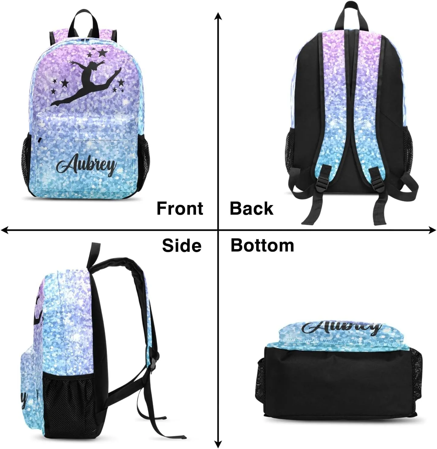 Gymnastic Pink Purple Sequins Personalized Backpack for Teen Boys Girls,Custom Travel Backpack Bookbag Casual Bag with Name Gift 11.81"(L) x 5.51"(W) x 17.71"(H)