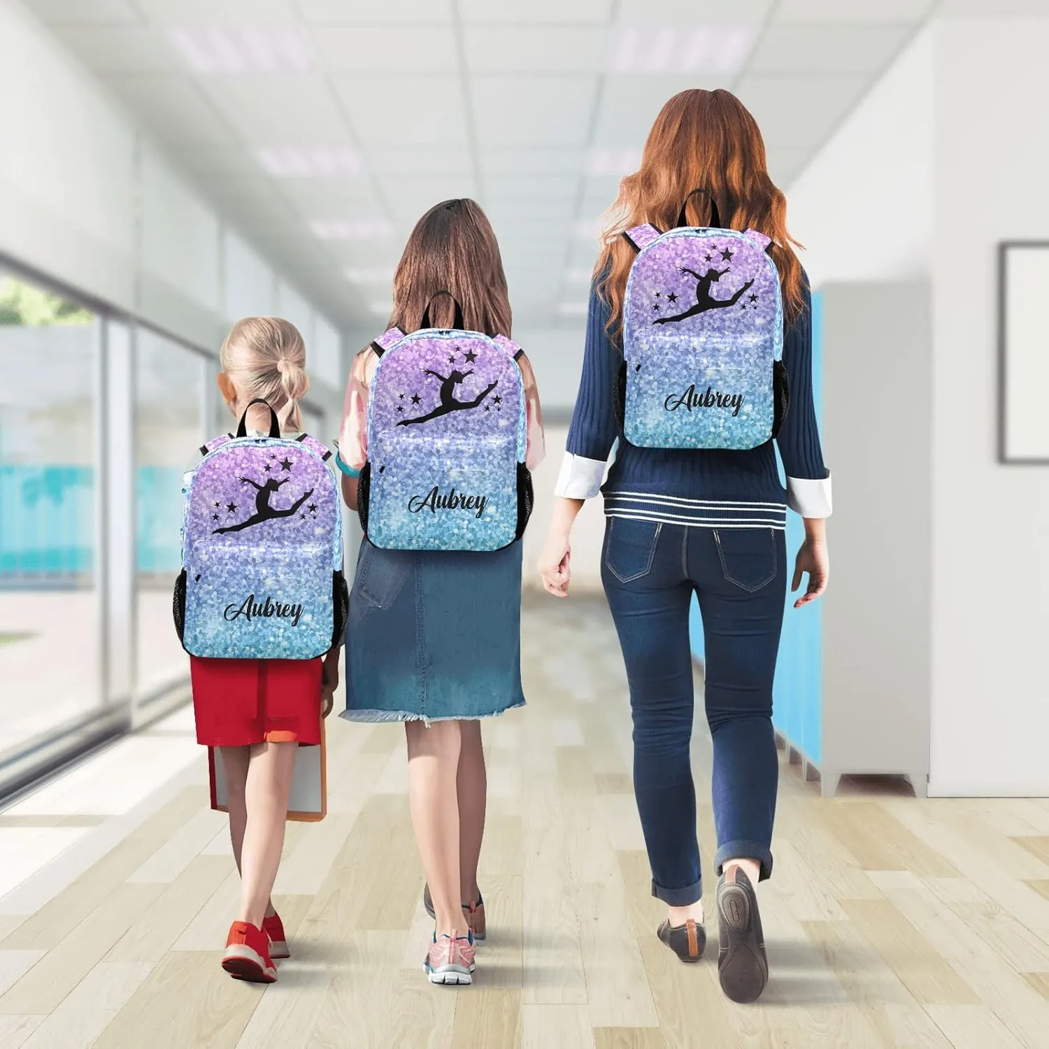 Gymnastic Pink Purple Sequins Personalized Backpack for Teen Boys Girls,Custom Travel Backpack Bookbag Casual Bag with Name Gift 11.81"(L) x 5.51"(W) x 17.71"(H)