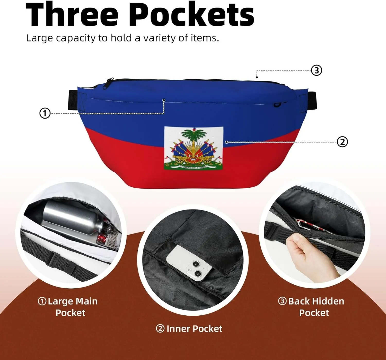 Haiti Flag Crossbody Waist Bag,Haitian Fanny Pack Large Belt Bags for Men Women Sports Travel Work