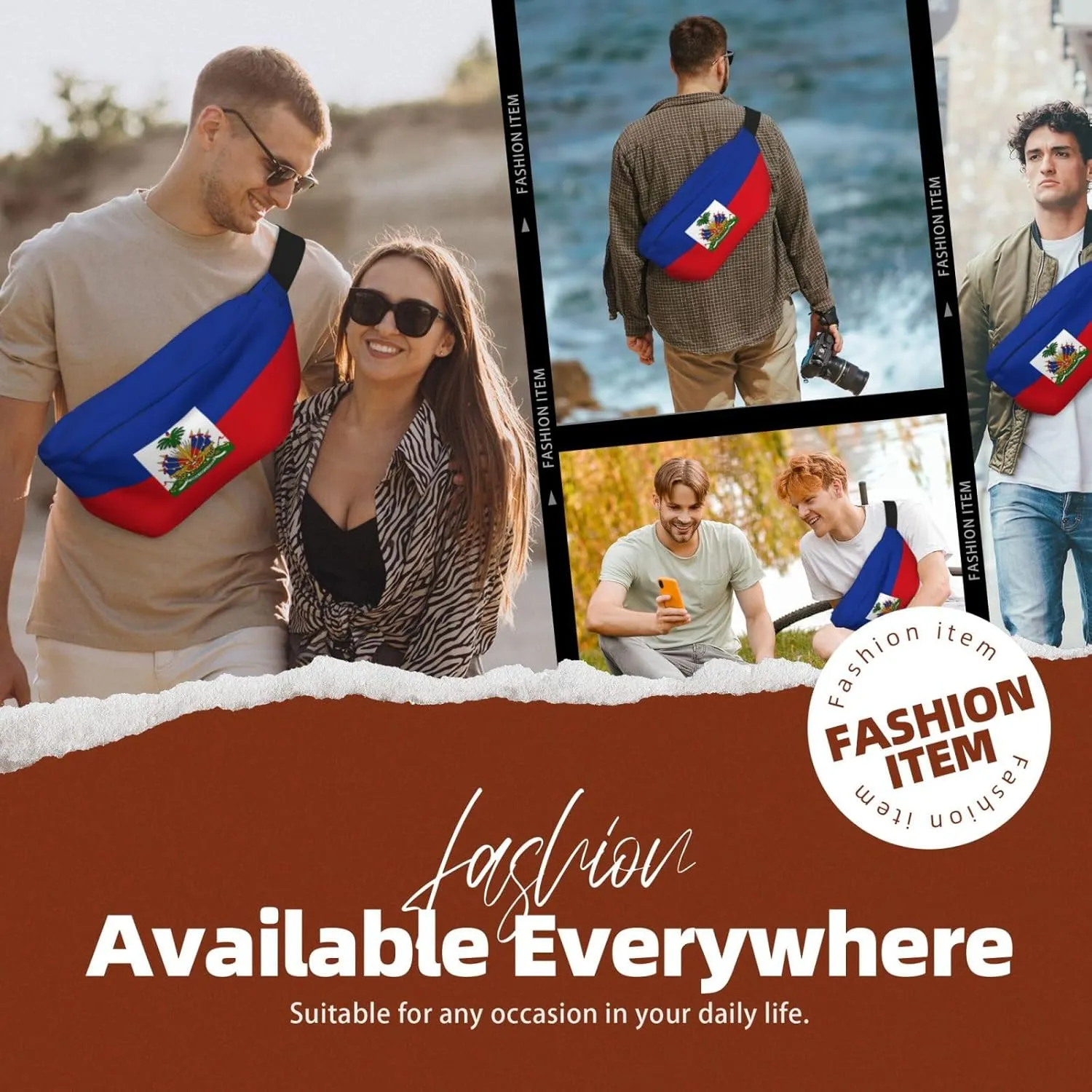 Haiti Flag Crossbody Waist Bag,Haitian Fanny Pack Large Belt Bags for Men Women Sports Travel Work