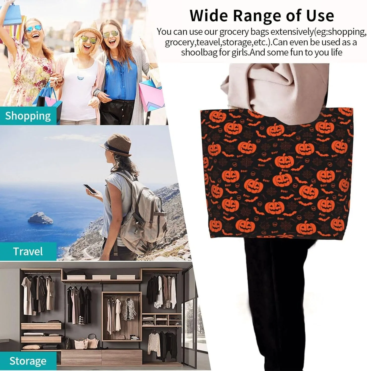 Halloween Bats Witchs Spider Web Skull Women's Tote Bag Large Capacity Single Shoulder Bags Handbag for Shopping Work