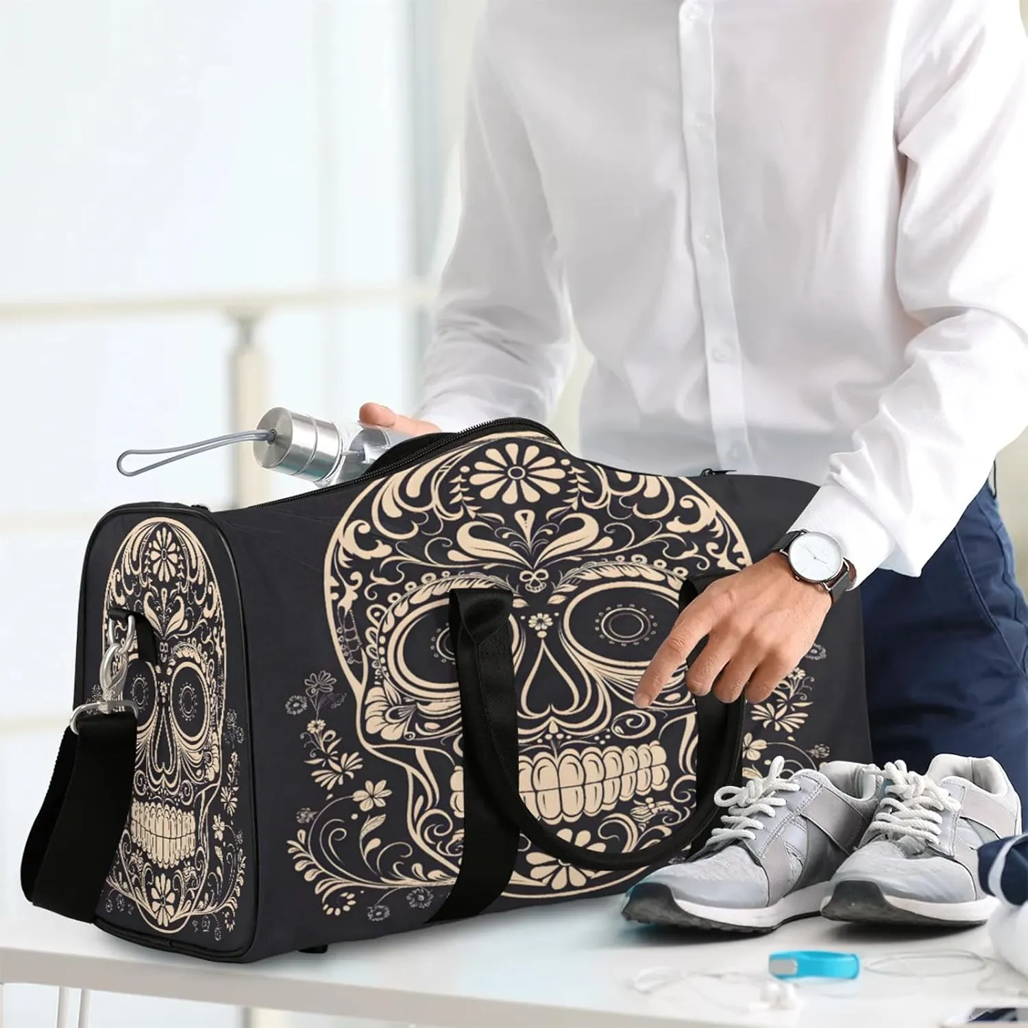 Halloween Sugar Skull Travel Duffle Bag, Sports Gym Bags for Women Men, Carry On Weekender Overnight Workout Airplane Trips Bag