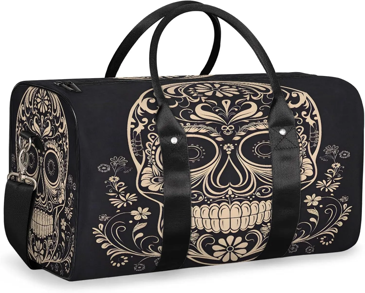 Halloween Sugar Skull Travel Duffle Bag, Sports Gym Bags for Women Men, Carry On Weekender Overnight Workout Airplane Trips Bag