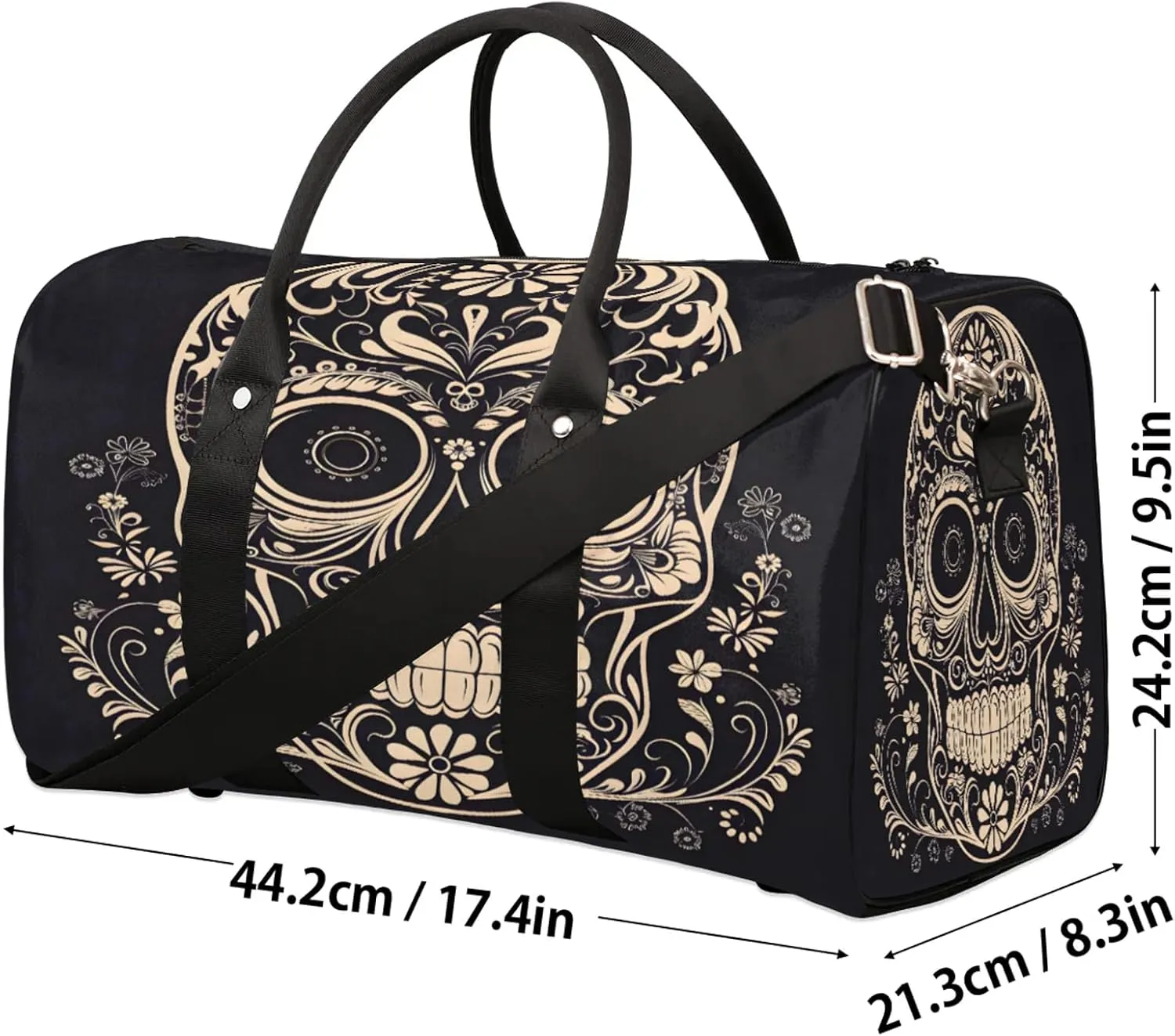 Halloween Sugar Skull Travel Duffle Bag, Sports Gym Bags for Women Men, Carry On Weekender Overnight Workout Airplane Trips Bag