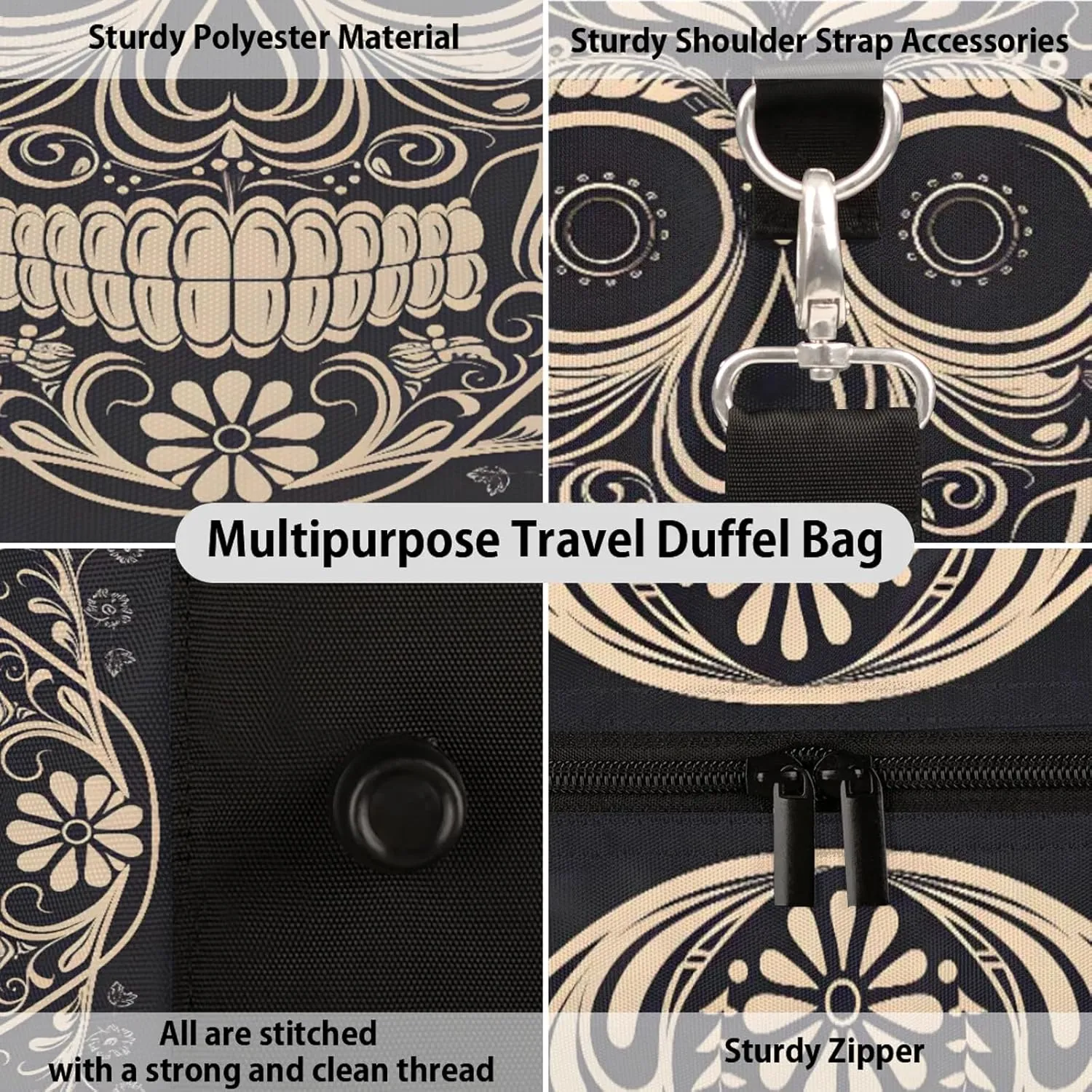 Halloween Sugar Skull Travel Duffle Bag, Sports Gym Bags for Women Men, Carry On Weekender Overnight Workout Airplane Trips Bag