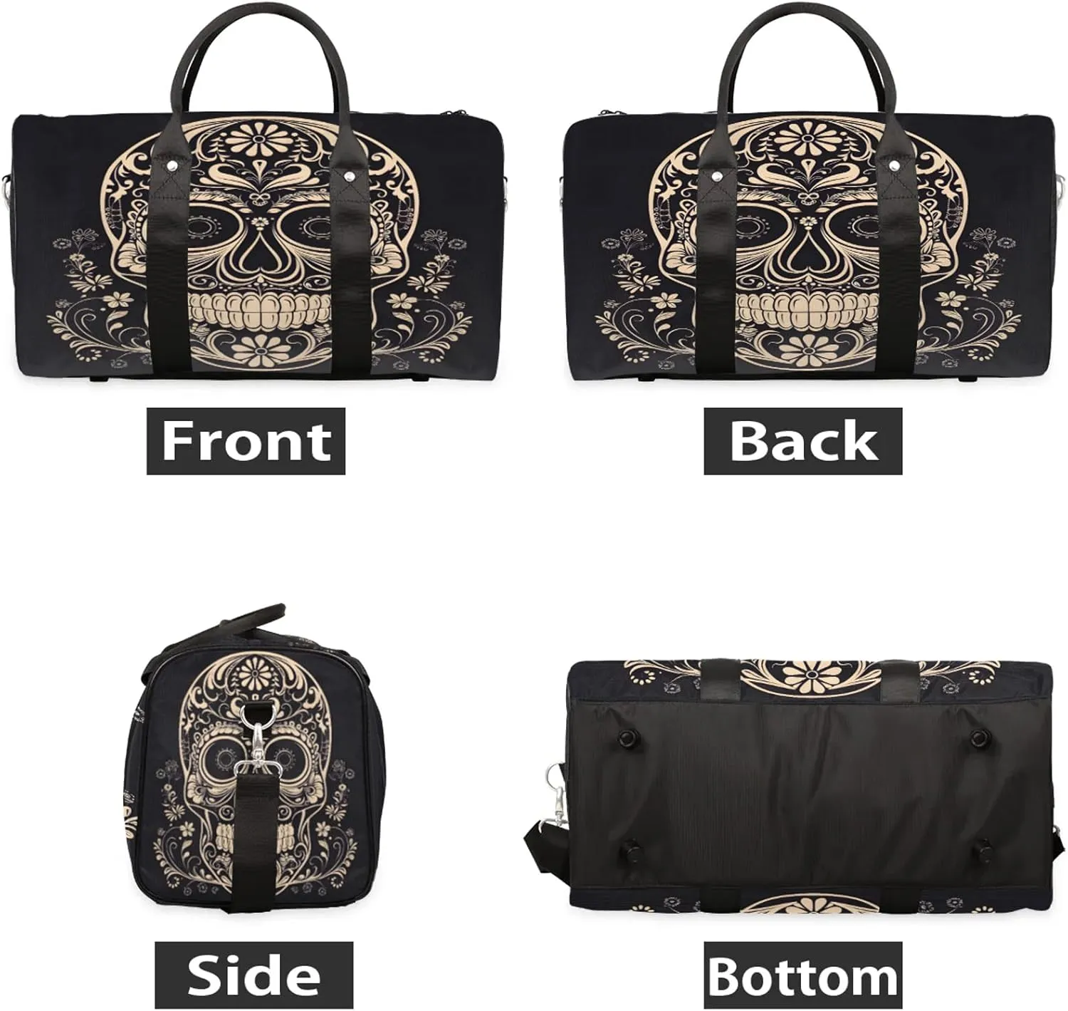 Halloween Sugar Skull Travel Duffle Bag, Sports Gym Bags for Women Men, Carry On Weekender Overnight Workout Airplane Trips Bag