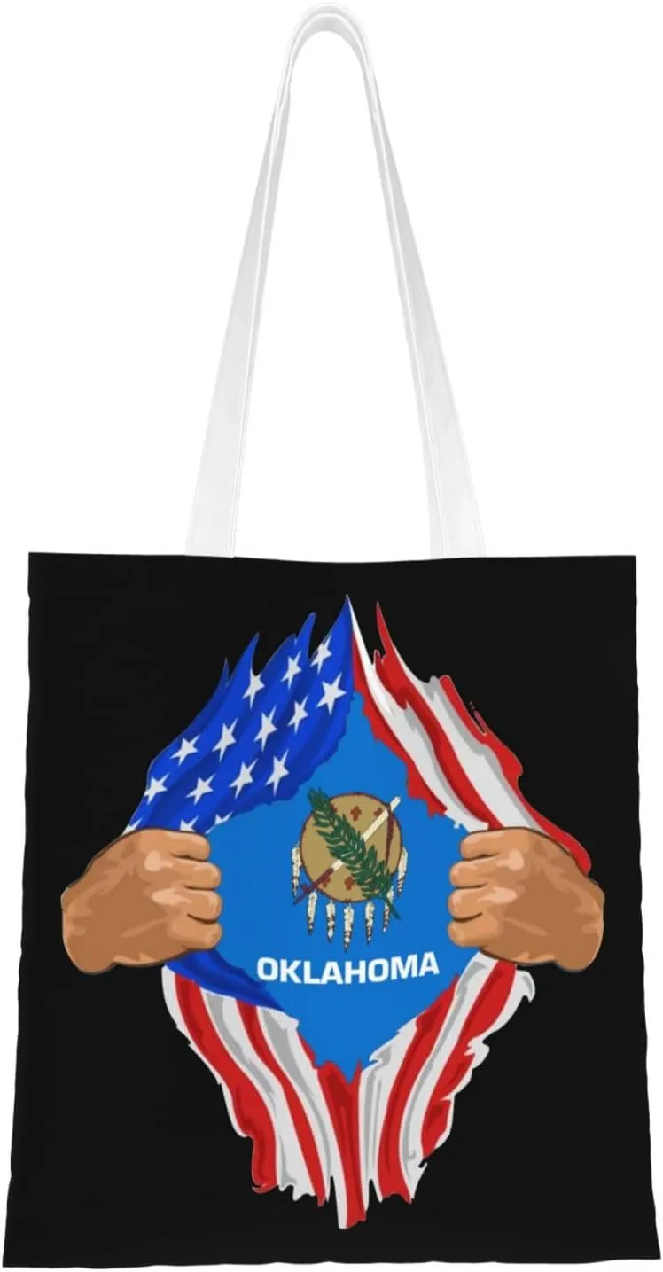 Hand Tear Flag Of Oklahoma Tote Bag for Women Canvas Shopping Bags Reusable Large Capacity Casual Shoulder Handbags Grocery Bags