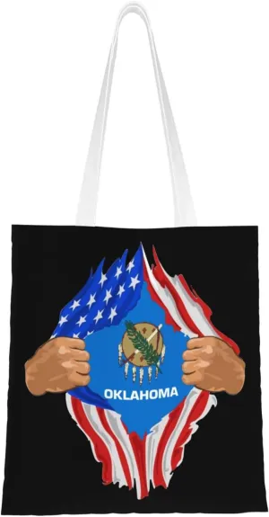 Hand Tear Flag Of Oklahoma Tote Bag for Women Canvas Shopping Bags Reusable Large Capacity Casual Shoulder Handbags Grocery Bags