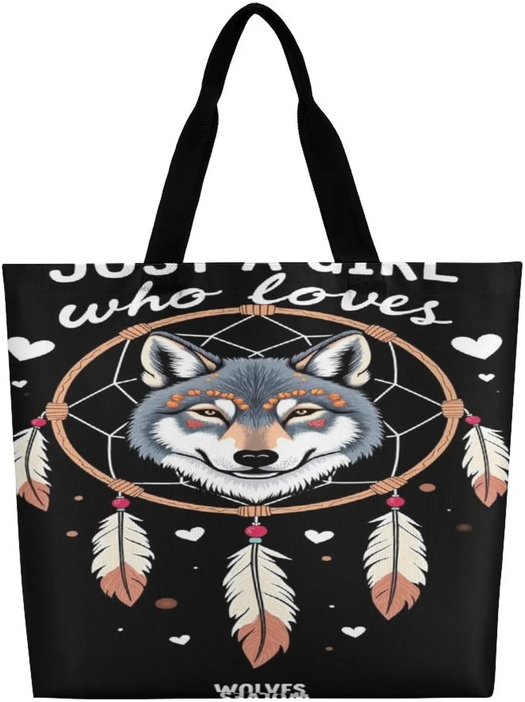 Handbags for Women, Lightweight Shoulder Tote Bags Travel Bag Shopper Handbag Polyester Roomy Tote Satchel Briefcase (Just A Girl Who Loves Wolves Dream Catcher)