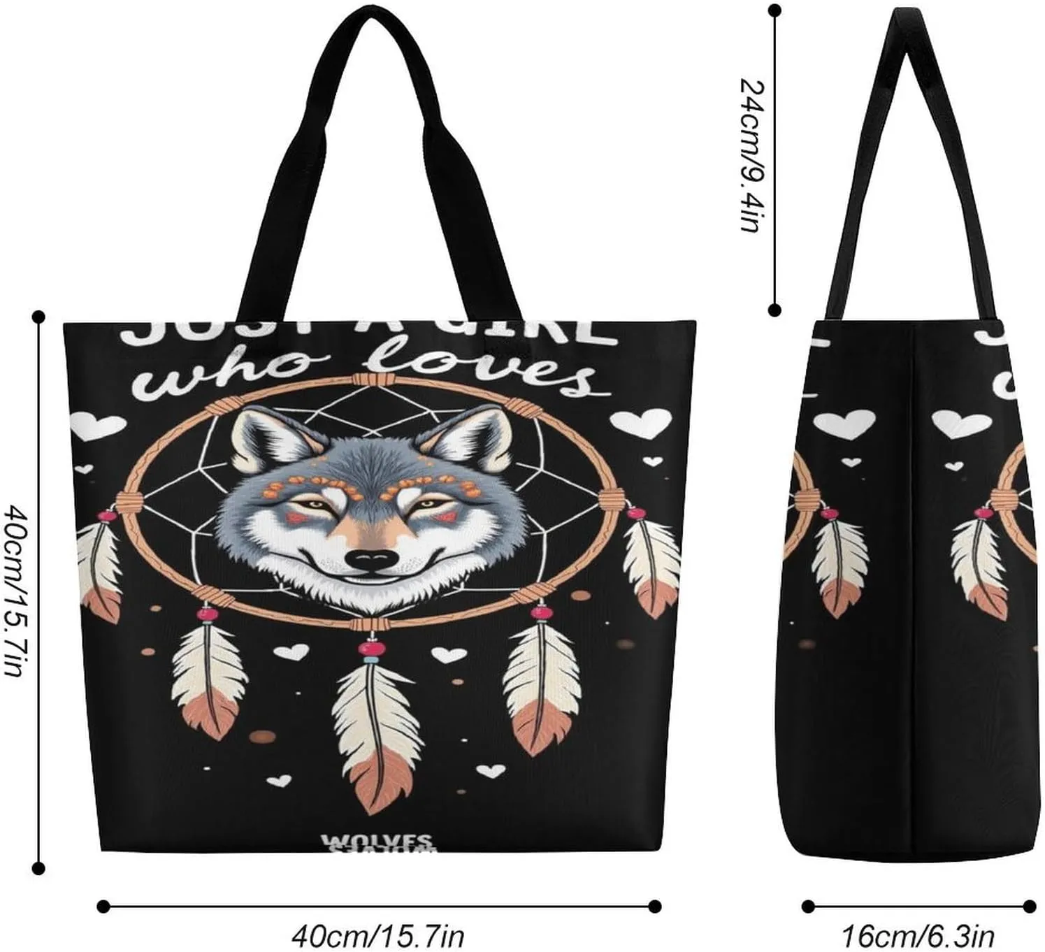 Handbags for Women, Lightweight Shoulder Tote Bags Travel Bag Shopper Handbag Polyester Roomy Tote Satchel Briefcase (Just A Girl Who Loves Wolves Dream Catcher)