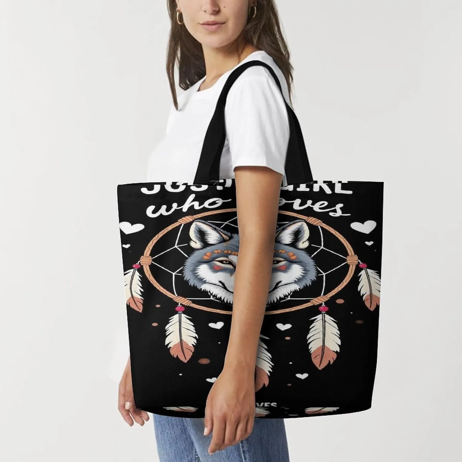 Handbags for Women, Lightweight Shoulder Tote Bags Travel Bag Shopper Handbag Polyester Roomy Tote Satchel Briefcase (Just A Girl Who Loves Wolves Dream Catcher)