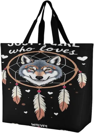 Handbags for Women, Lightweight Shoulder Tote Bags Travel Bag Shopper Handbag Polyester Roomy Tote Satchel Briefcase (Just A Girl Who Loves Wolves Dream Catcher)
