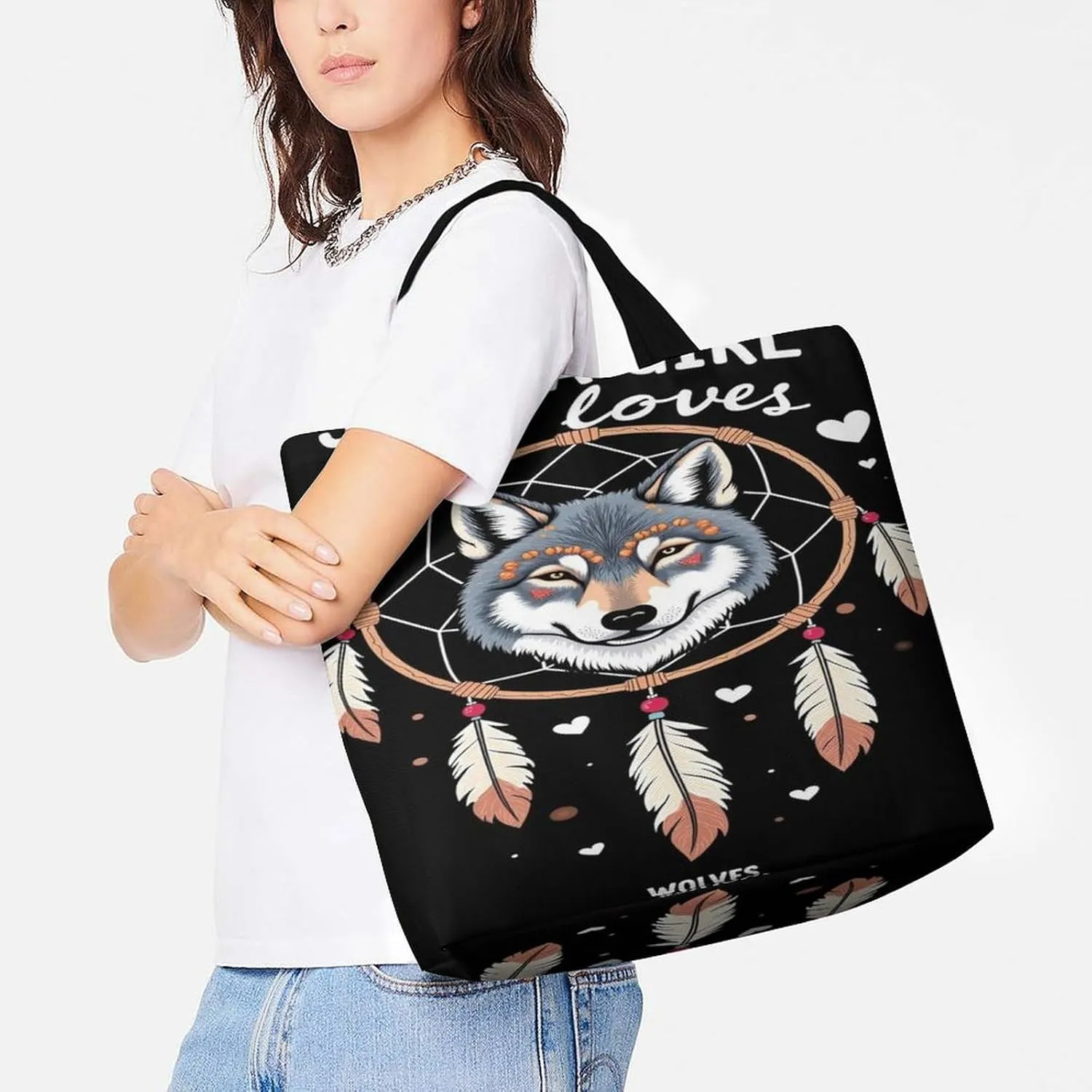 Handbags for Women, Lightweight Shoulder Tote Bags Travel Bag Shopper Handbag Polyester Roomy Tote Satchel Briefcase (Just A Girl Who Loves Wolves Dream Catcher)