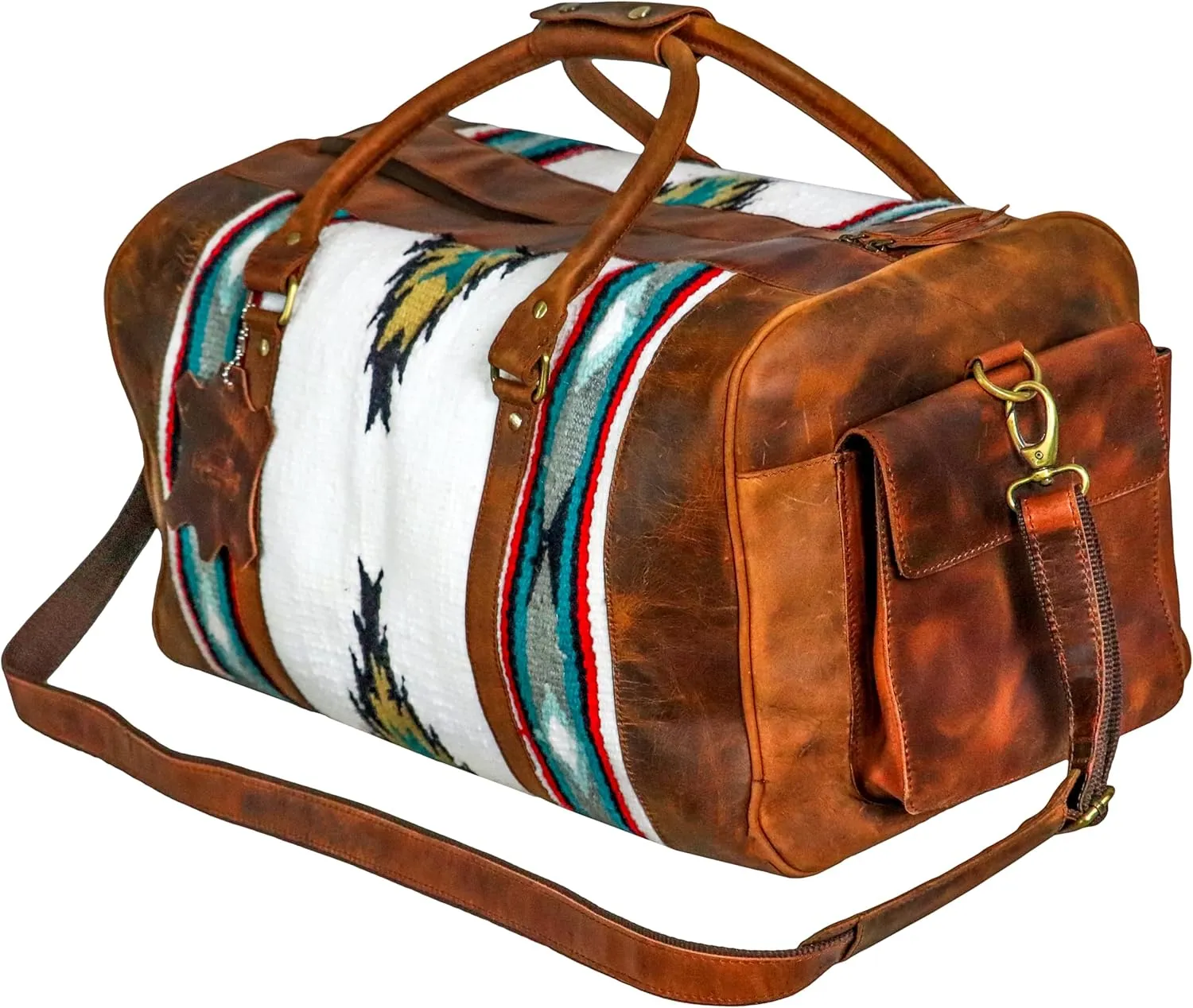 Handmade Premium Duffle Bag leather heavy duty Gym Sports Airplane Overnight Luggage Carry On Unisex Travel Hand woven Rug Bag Wollen Hand Bag Gift for His/Her (RUG DUFFLE BAG STYLE_03)