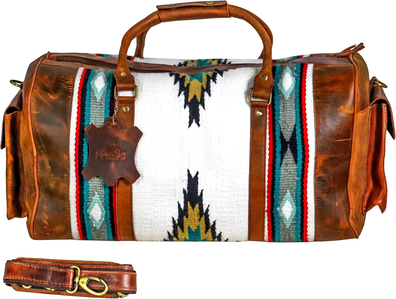 Handmade Premium Duffle Bag leather heavy duty Gym Sports Airplane Overnight Luggage Carry On Unisex Travel Hand woven Rug Bag Wollen Hand Bag Gift for His/Her (RUG DUFFLE BAG STYLE_03)