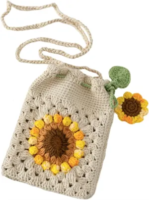 Handmade Sunflower Crochet Bag Knitted Shoulder Phone Bag Crossbody Bag Beach Women Messenger Shoulder Bags Girls Woven Purse